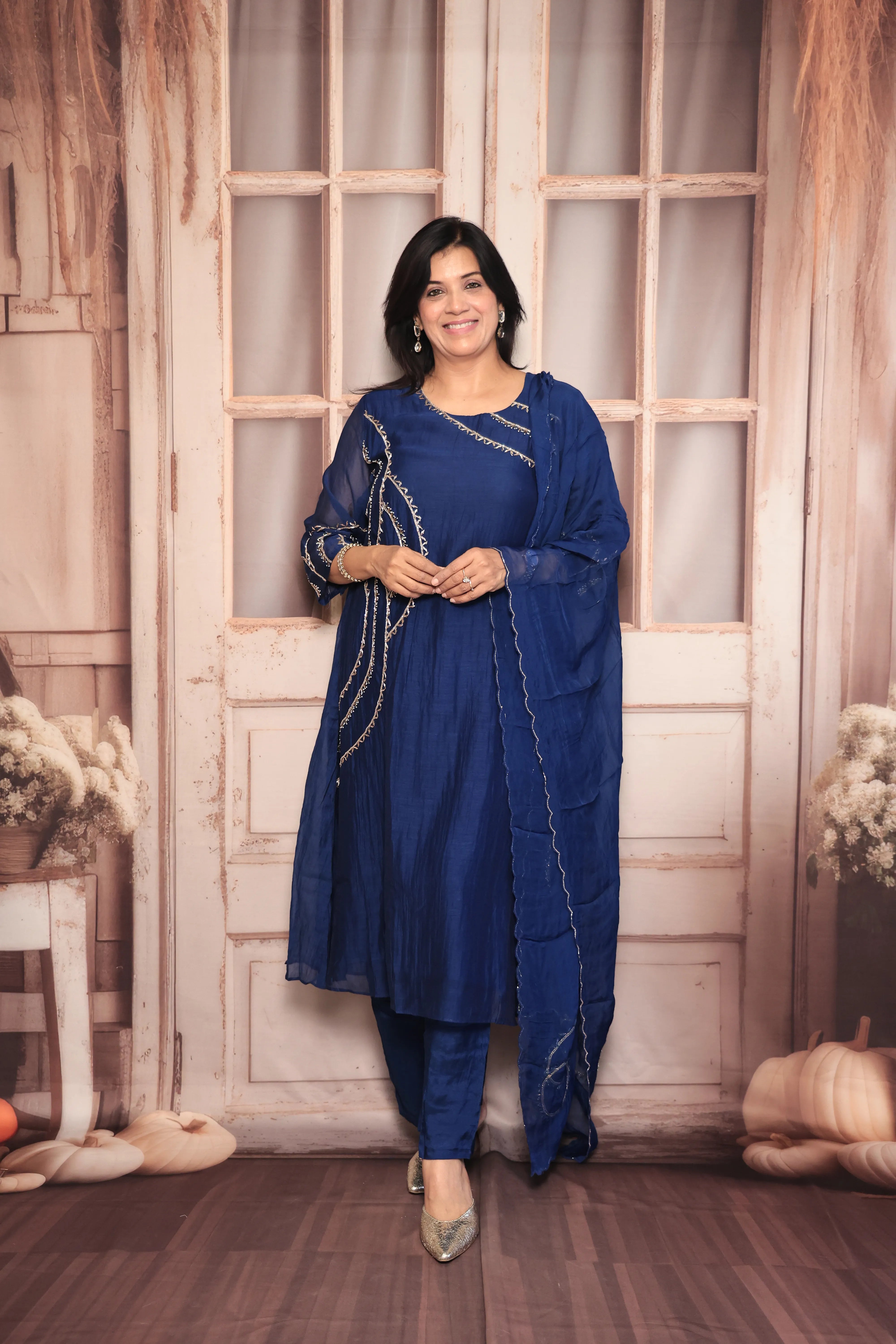 Navy Blue A-Line Embroidered Kurta Pant Dupatta Set | Pearl & Sequin Work | Pure Banarasi Mul Chanderi