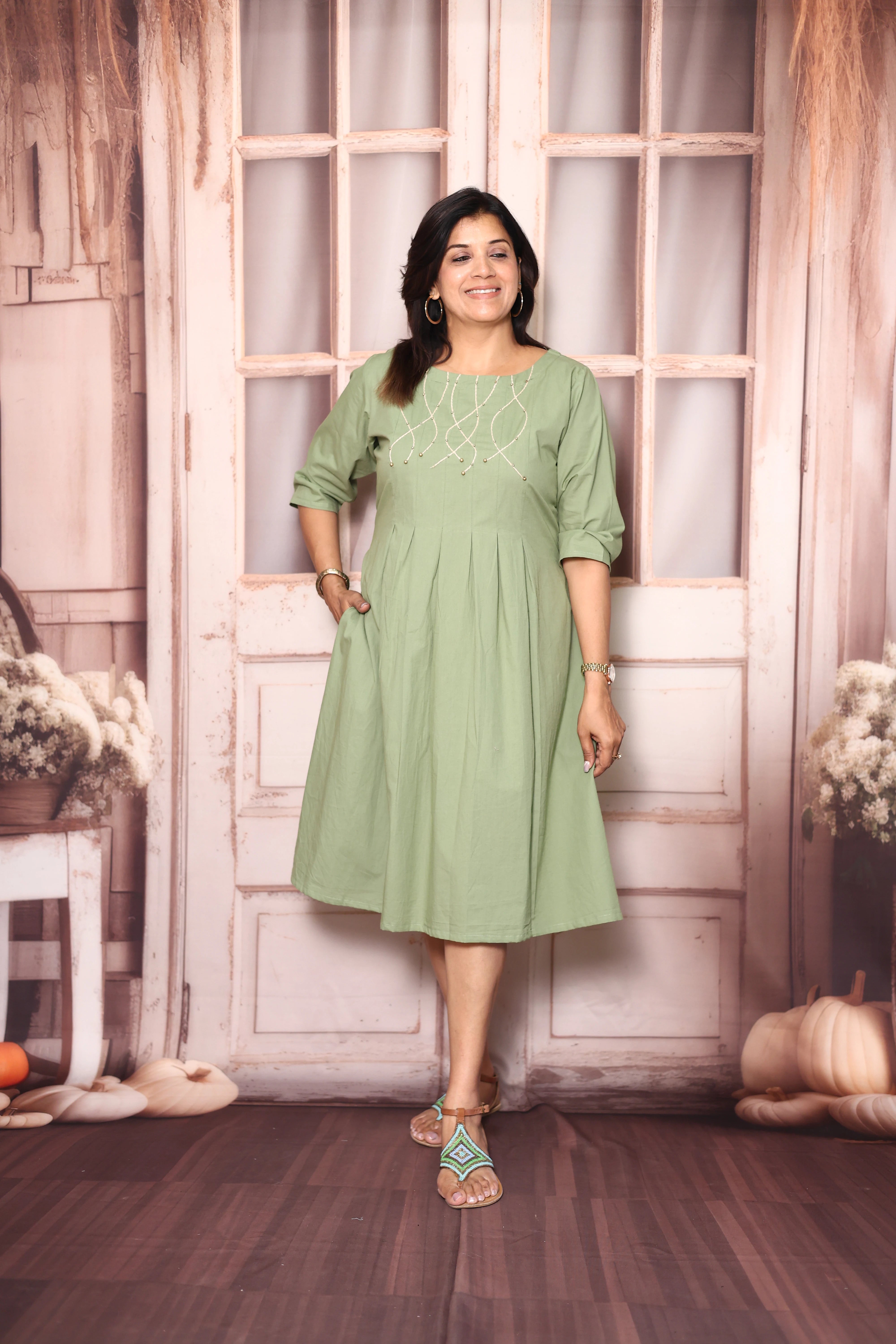 Basil Green Pearl Thread Work One Piece Dress | Soft Cotton Elegant Casual Wear