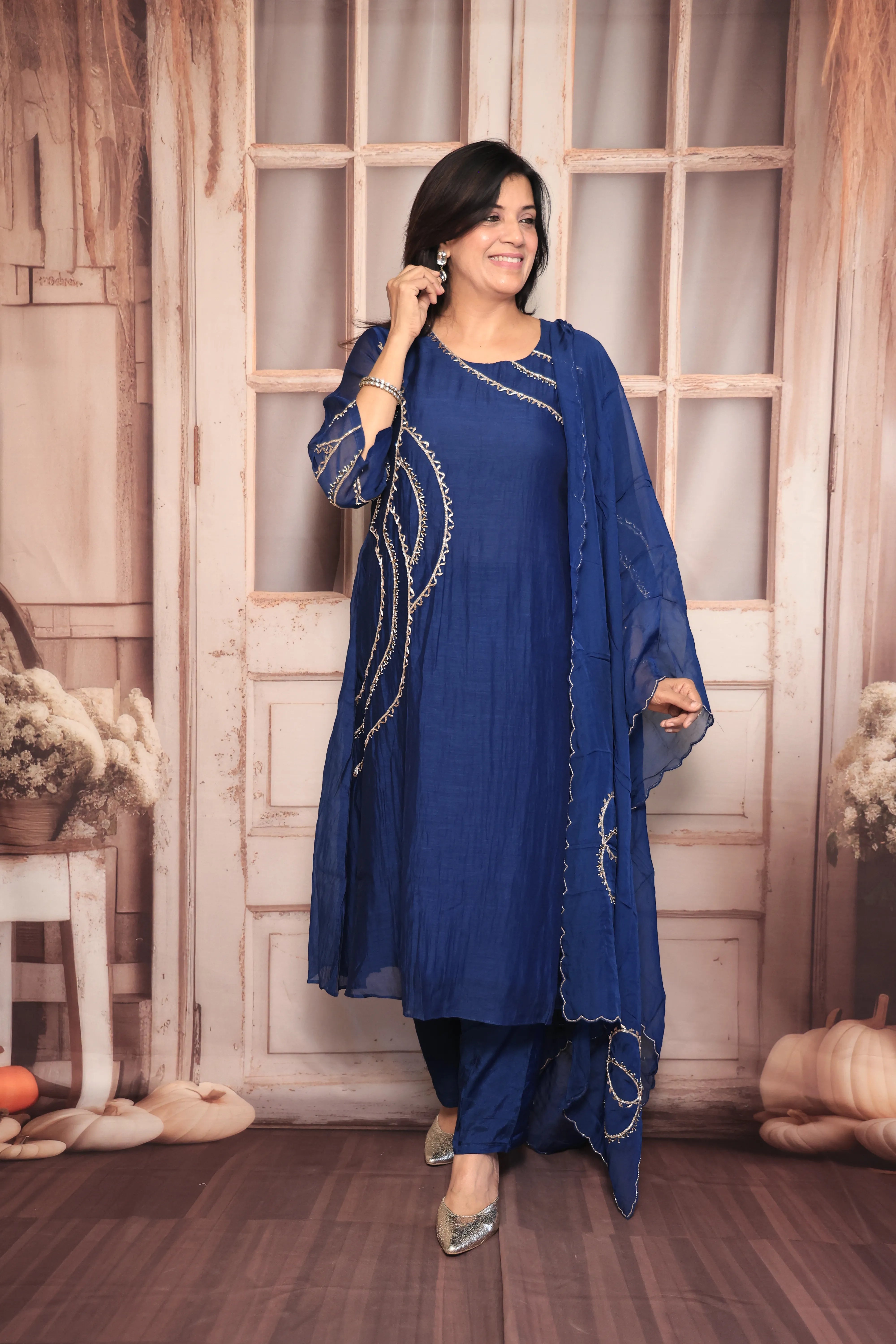Navy Blue A-Line Embroidered Kurta Pant Dupatta Set | Pearl & Sequin Work | Pure Banarasi Mul Chanderi