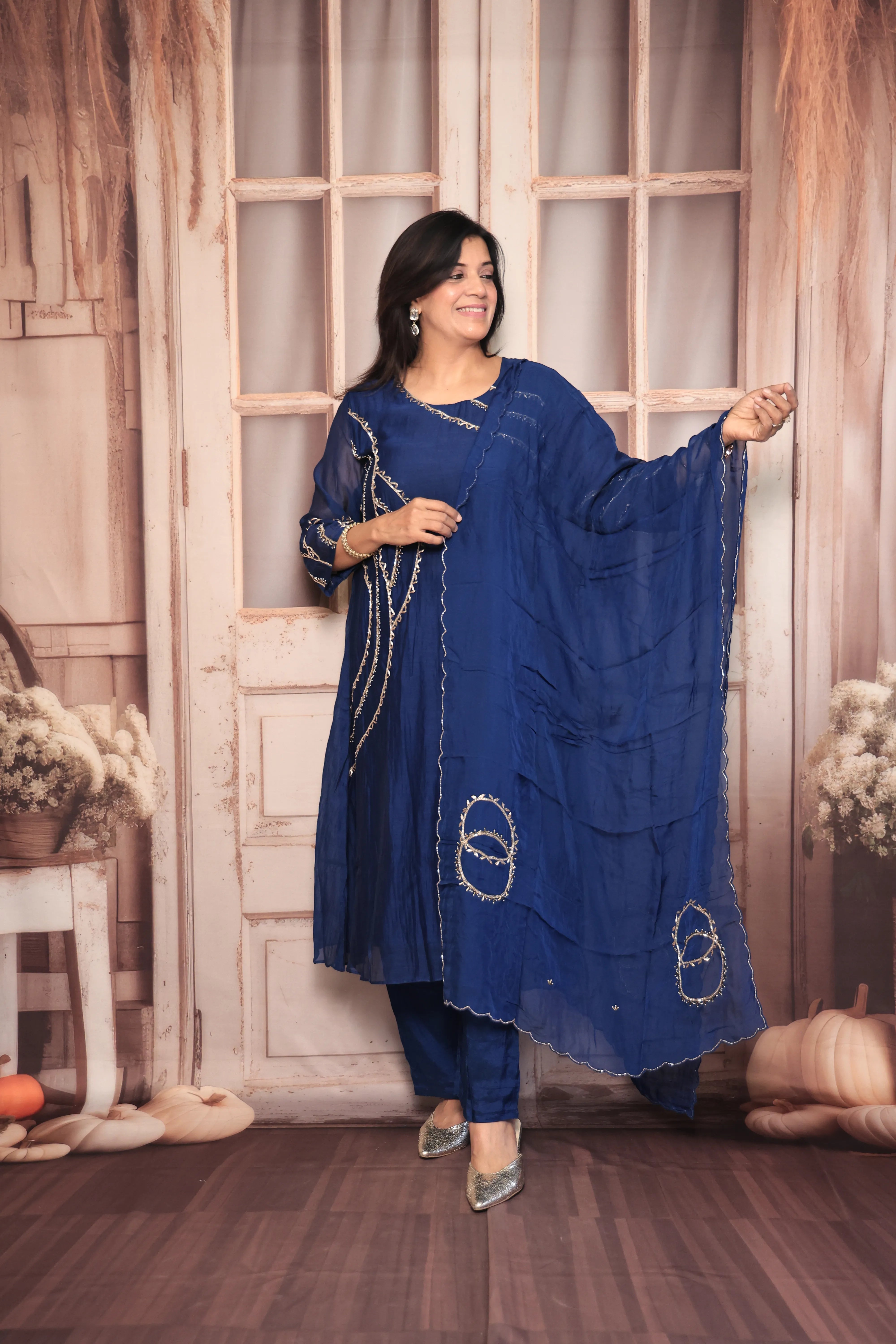 Navy Blue A-Line Embroidered Kurta Pant Dupatta Set | Pearl & Sequin Work | Pure Banarasi Mul Chanderi