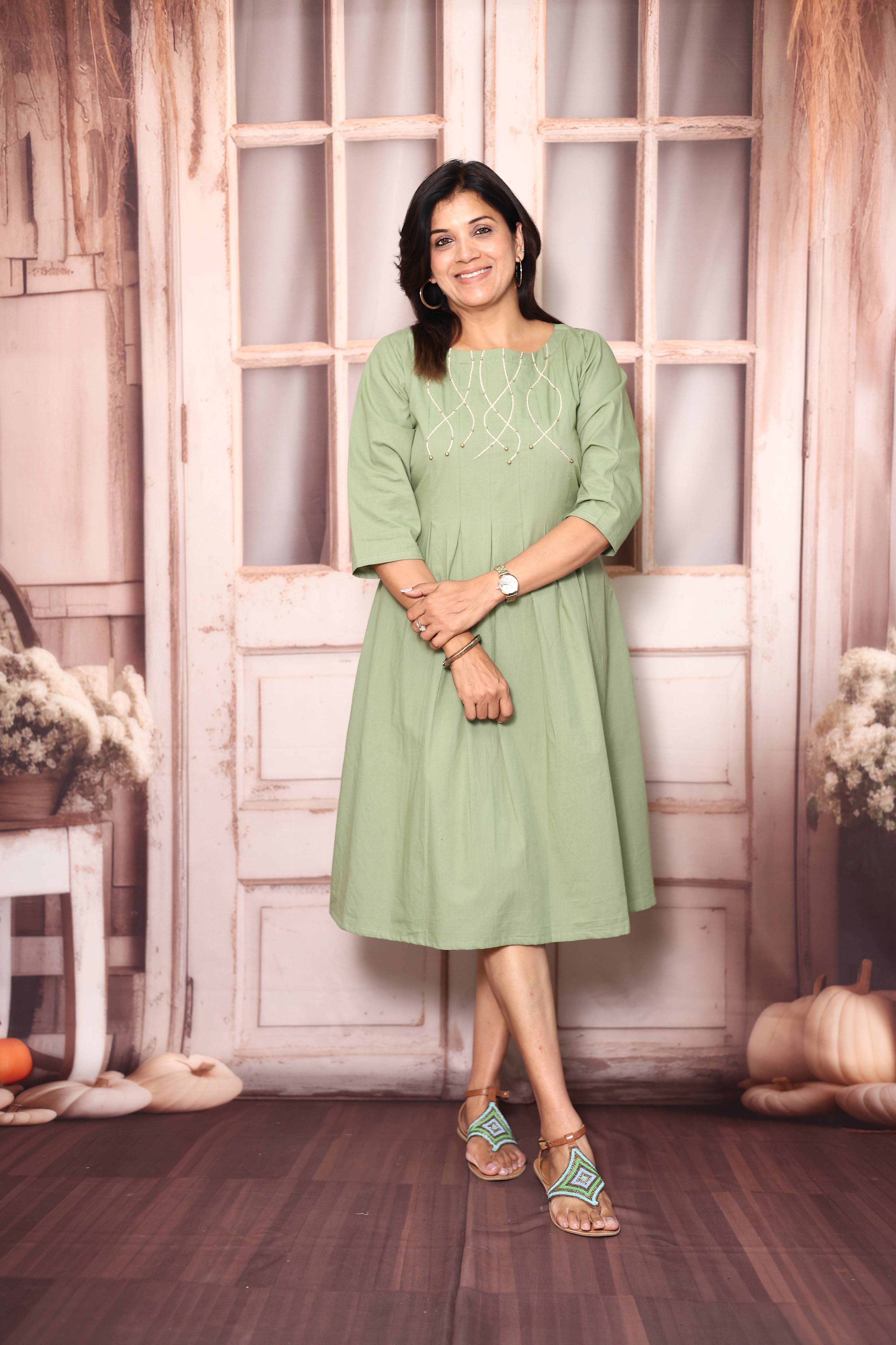 Basil Green Pearl Thread Work One Piece Dress | Soft Cotton Elegant Casual Wear