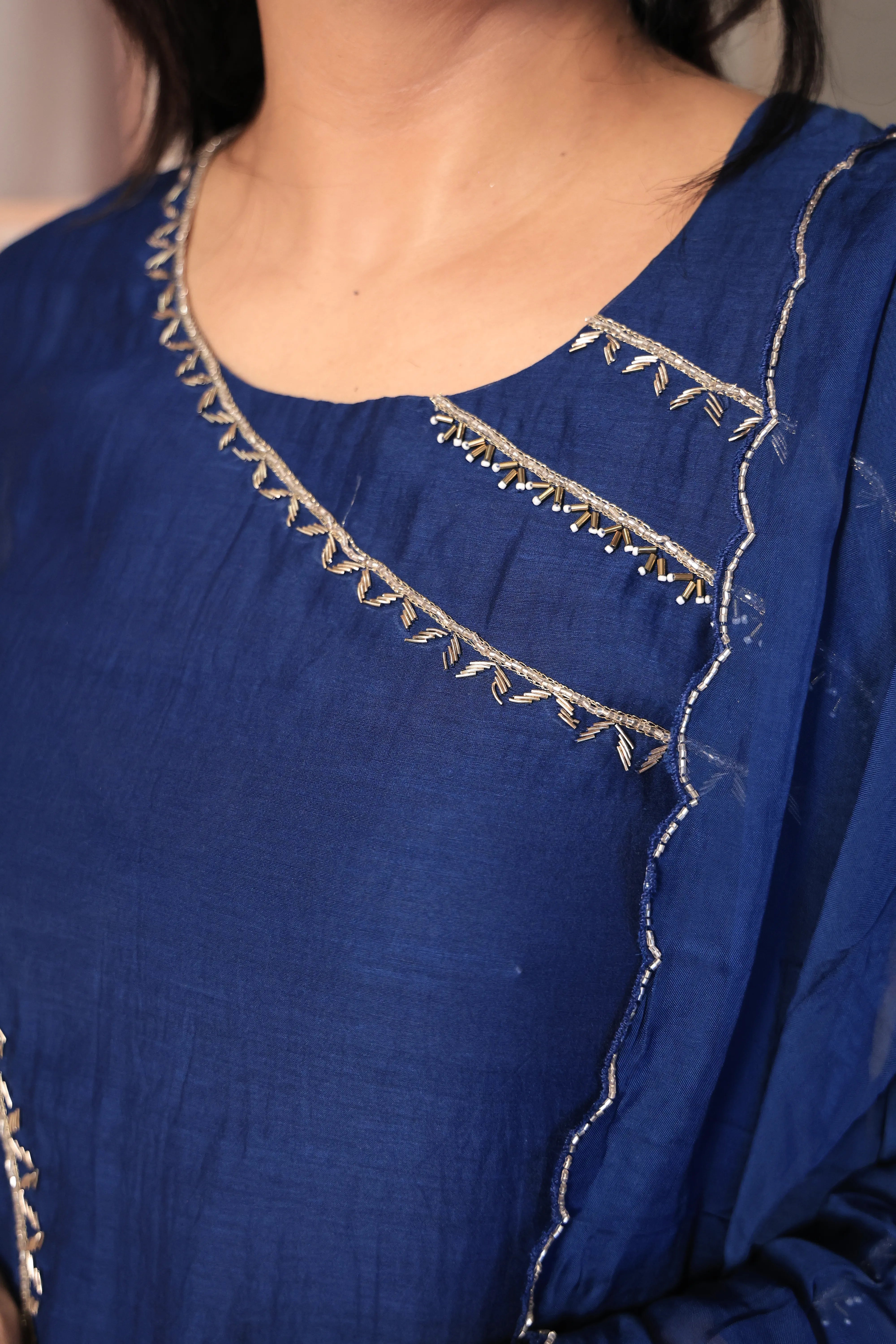Navy Blue A-Line Embroidered Kurta Pant Dupatta Set | Pearl & Sequin Work | Pure Banarasi Mul Chanderi