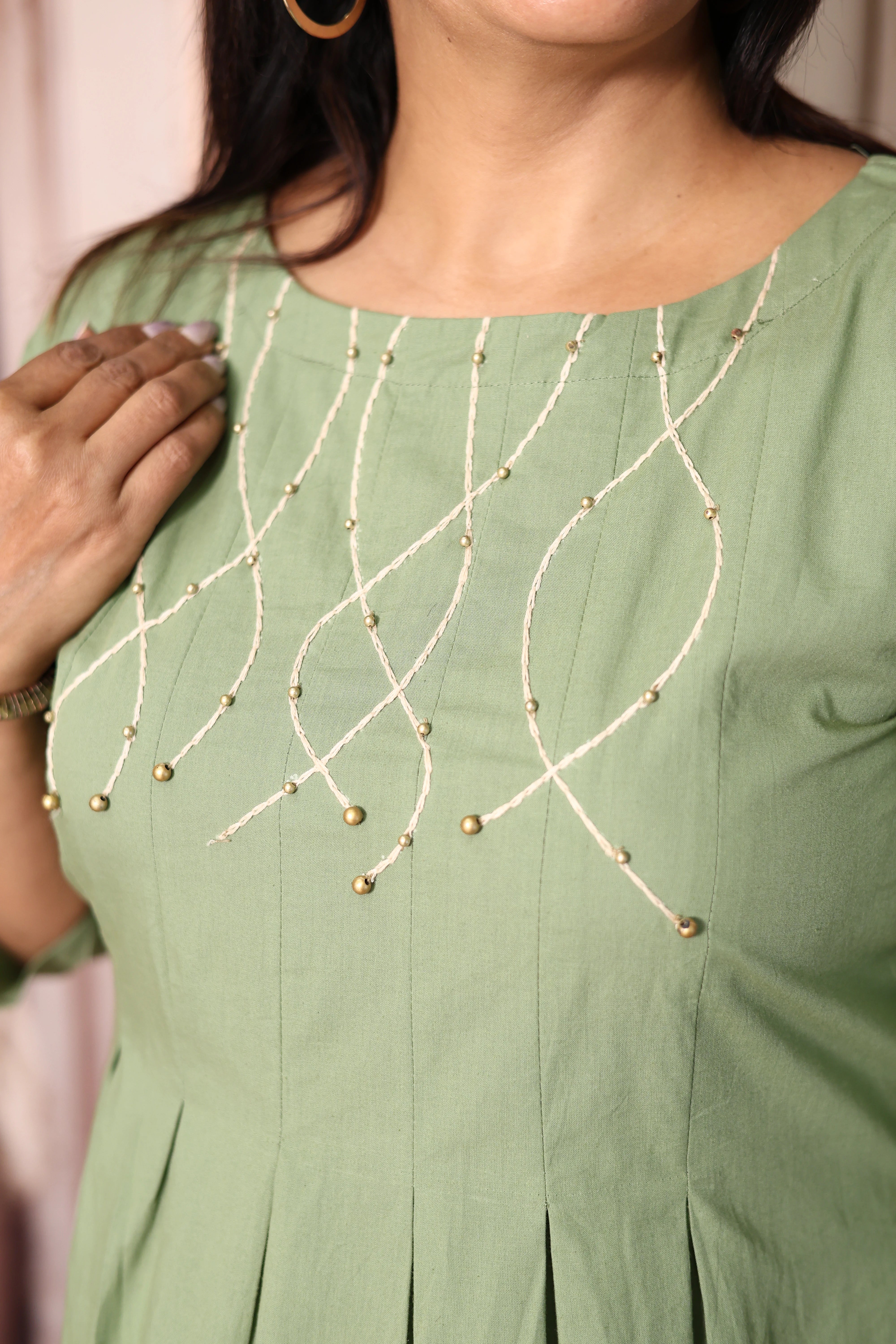 Basil Green Pearl Thread Work One Piece Dress | Soft Cotton Elegant Casual Wear