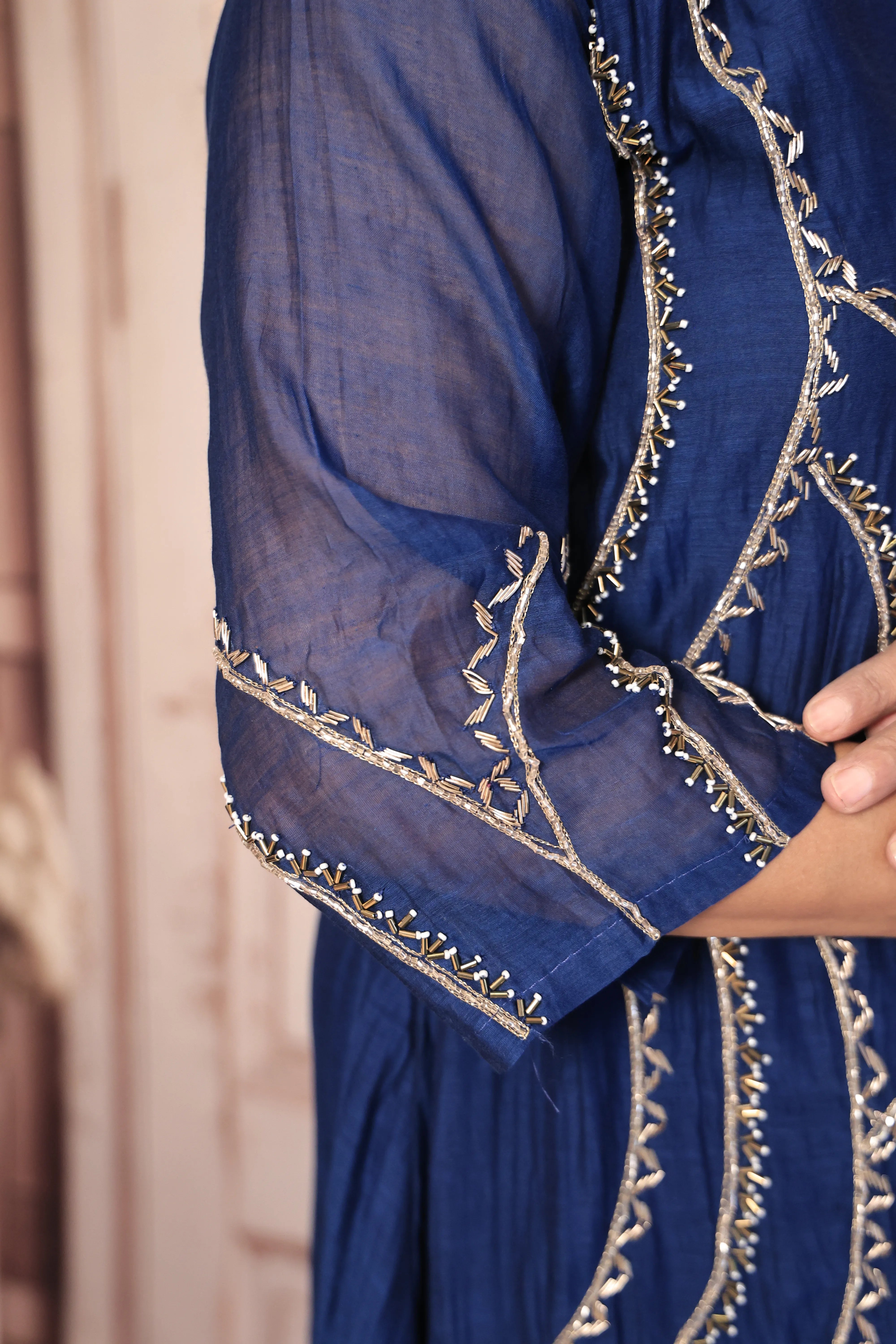 Navy Blue A-Line Embroidered Kurta Pant Dupatta Set | Pearl & Sequin Work | Pure Banarasi Mul Chanderi