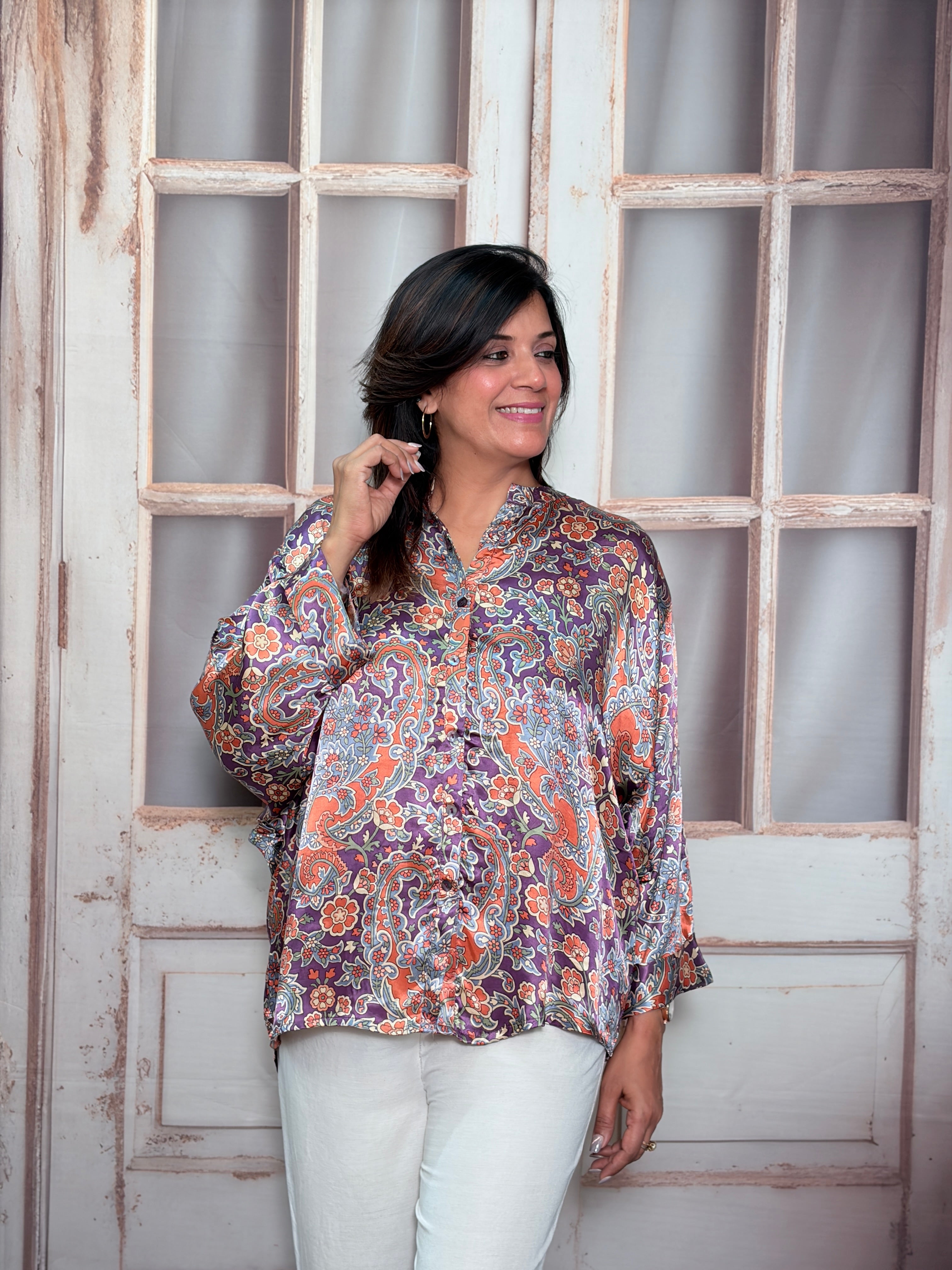 Purple Kalamkari Print Trendy Tunic Top | Premium Gaji Silk Fusion Wear