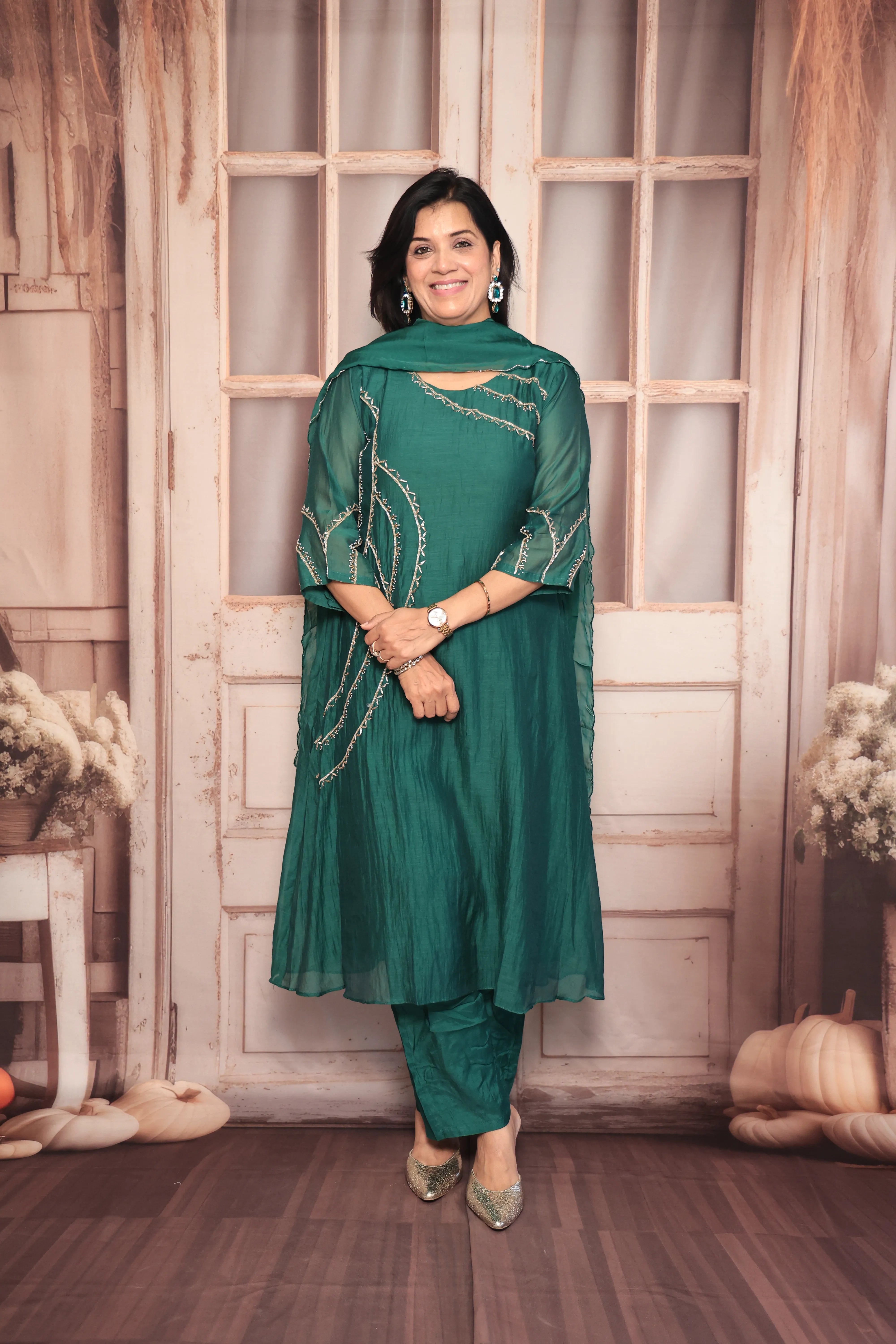 Dark Green A-Line Embroidered Kurta Pant Dupatta Set | Pearl & Sequin Work | Pure Banarasi Mul Chanderi