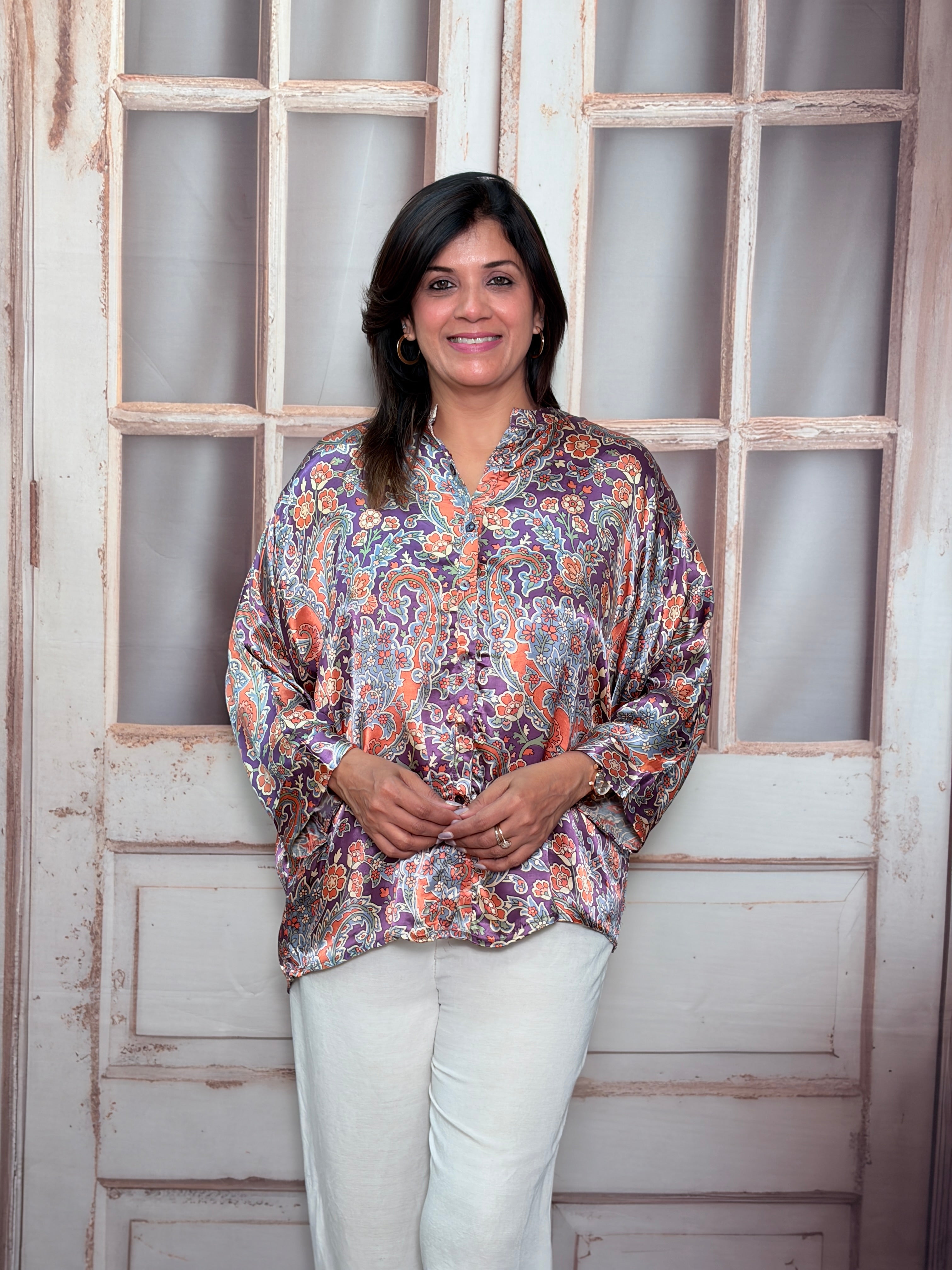 Purple Kalamkari Print Trendy Tunic Top | Premium Gaji Silk Fusion Wear
