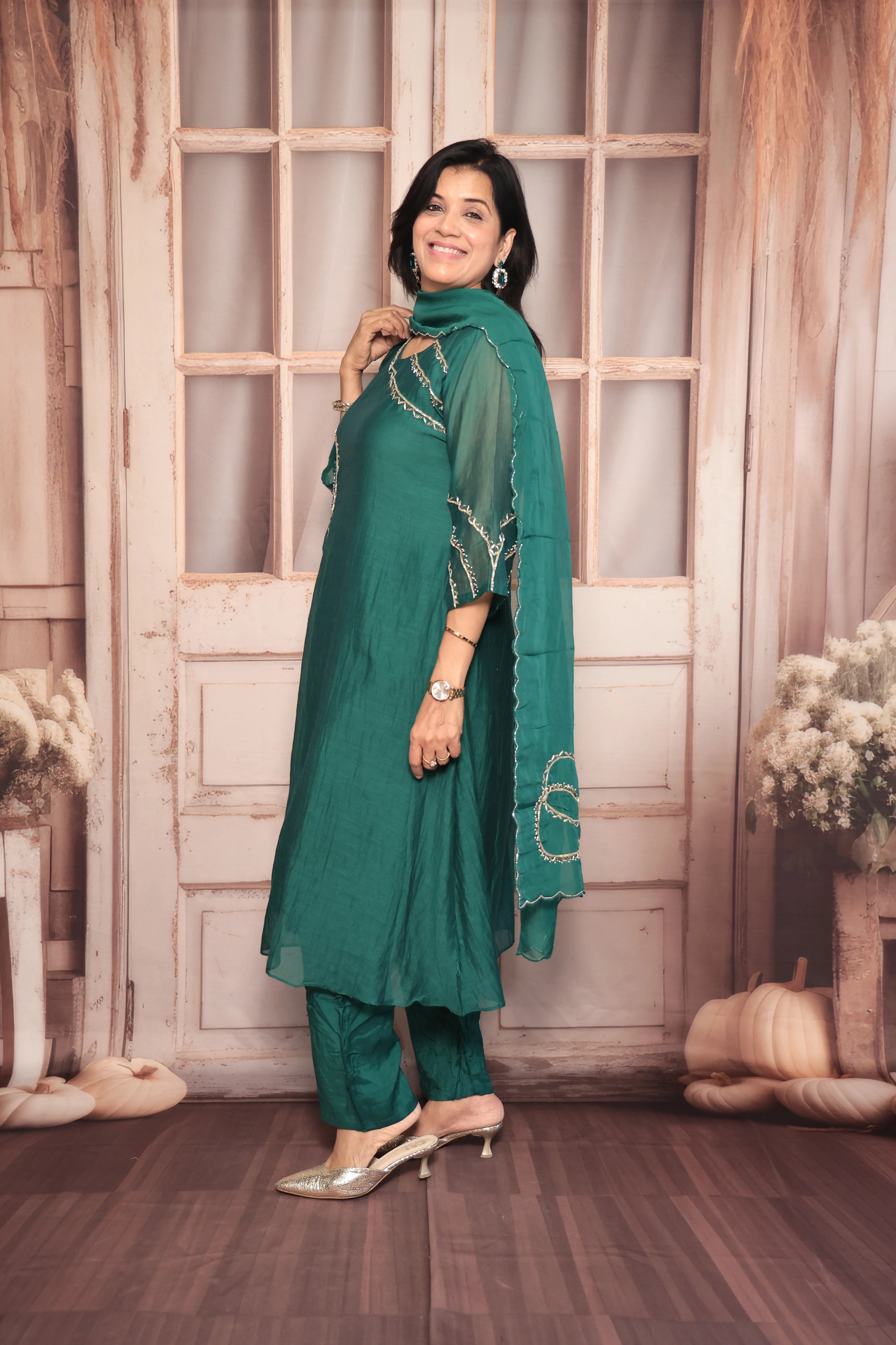 Dark Green A-Line Embroidered Kurta Pant Dupatta Set | Pearl & Sequin Work | Pure Banarasi Mul Chanderi