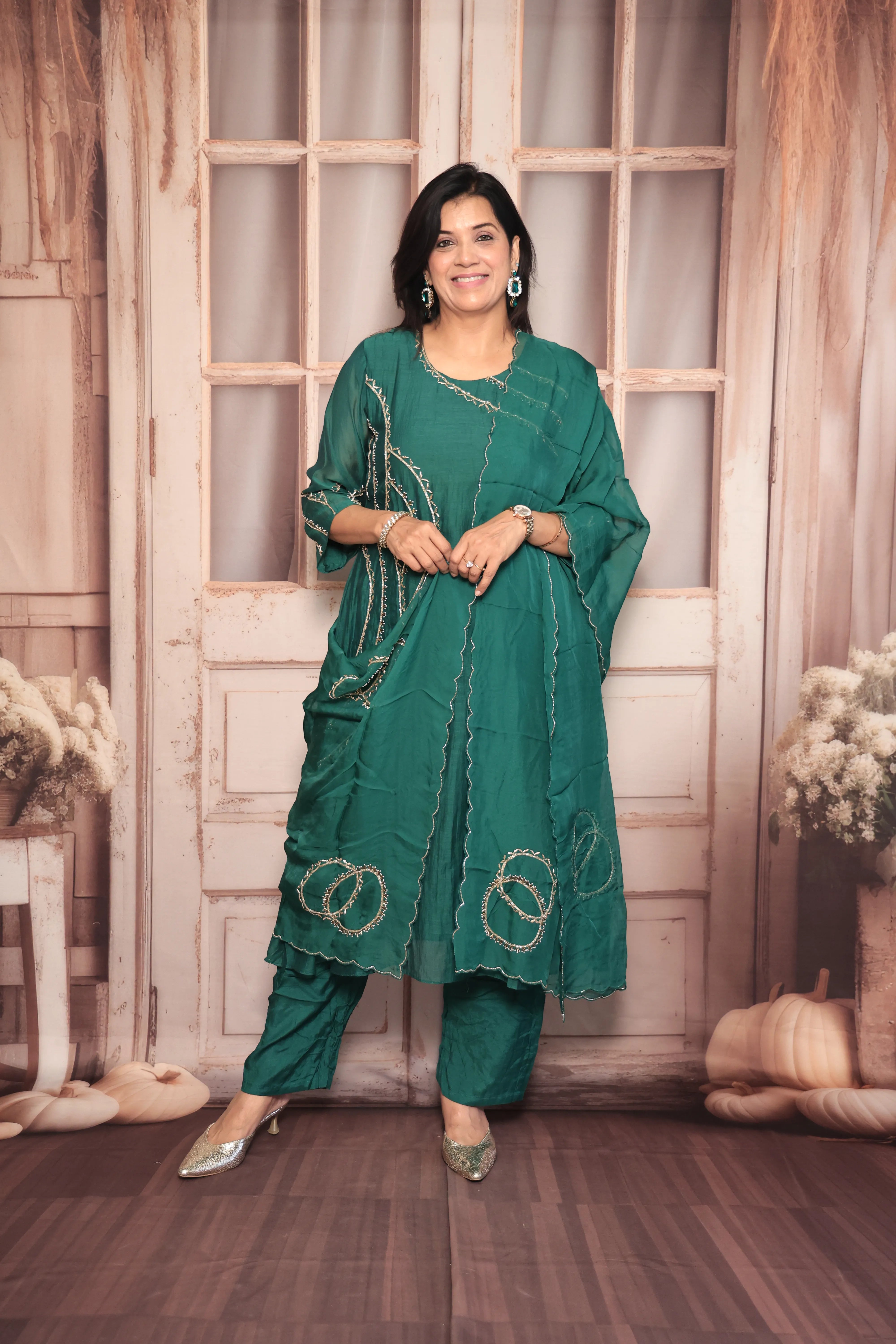 Dark Green A-Line Embroidered Kurta Pant Dupatta Set | Pearl & Sequin Work | Pure Banarasi Mul Chanderi