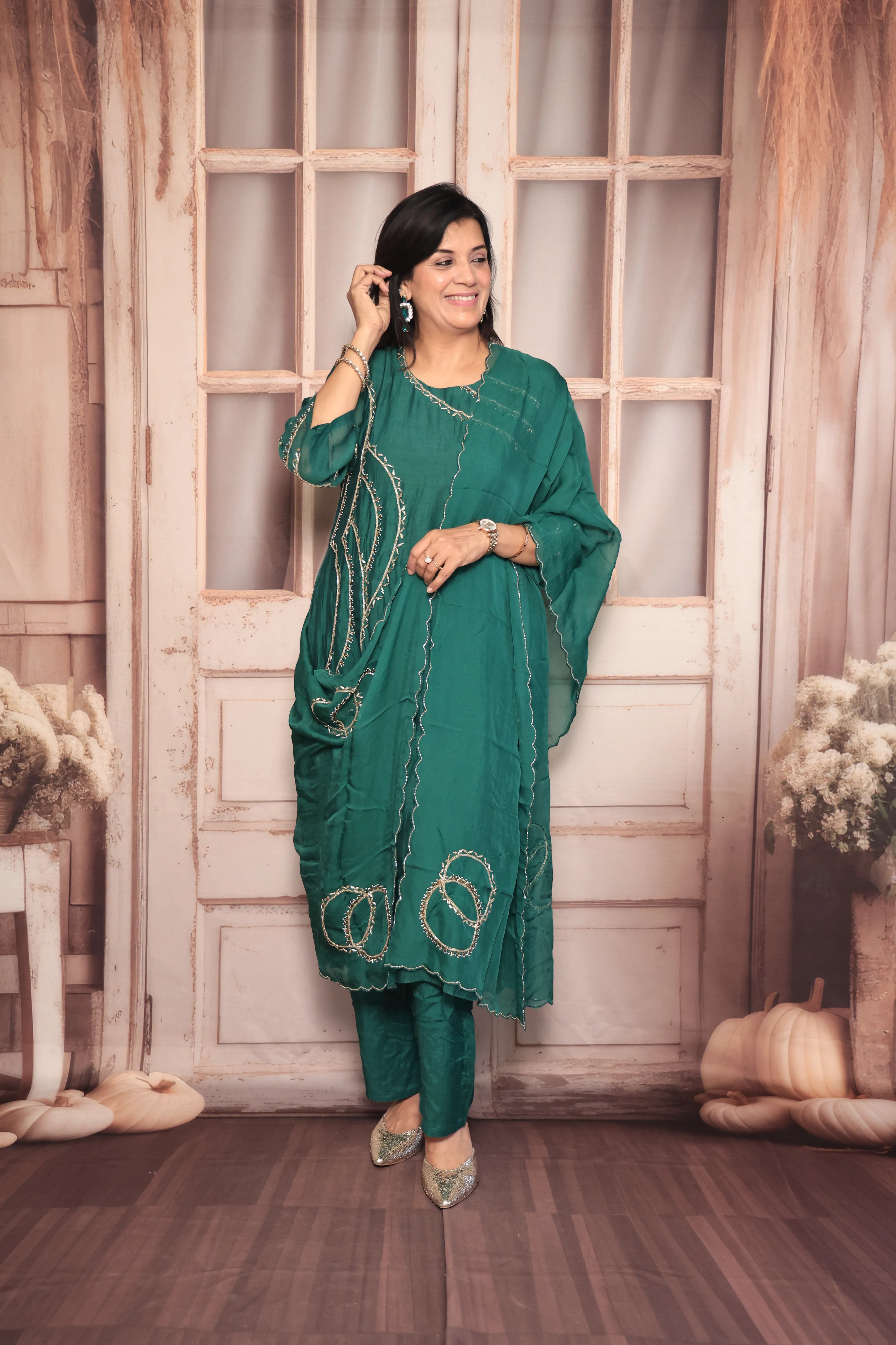 Dark Green A-Line Embroidered Kurta Pant Dupatta Set | Pearl & Sequin Work | Pure Banarasi Mul Chanderi