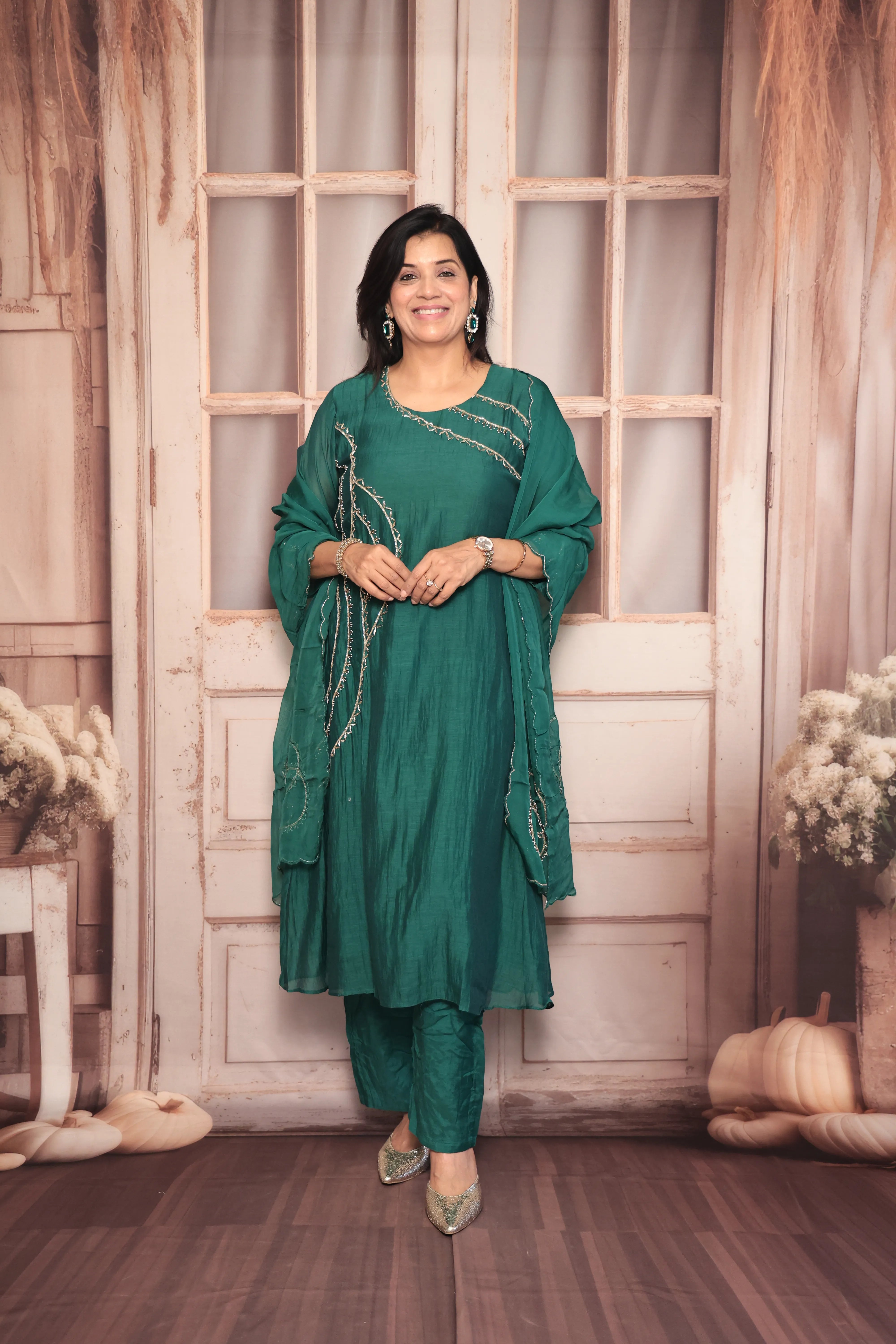Dark Green A-Line Embroidered Kurta Pant Dupatta Set | Pearl & Sequin Work | Pure Banarasi Mul Chanderi