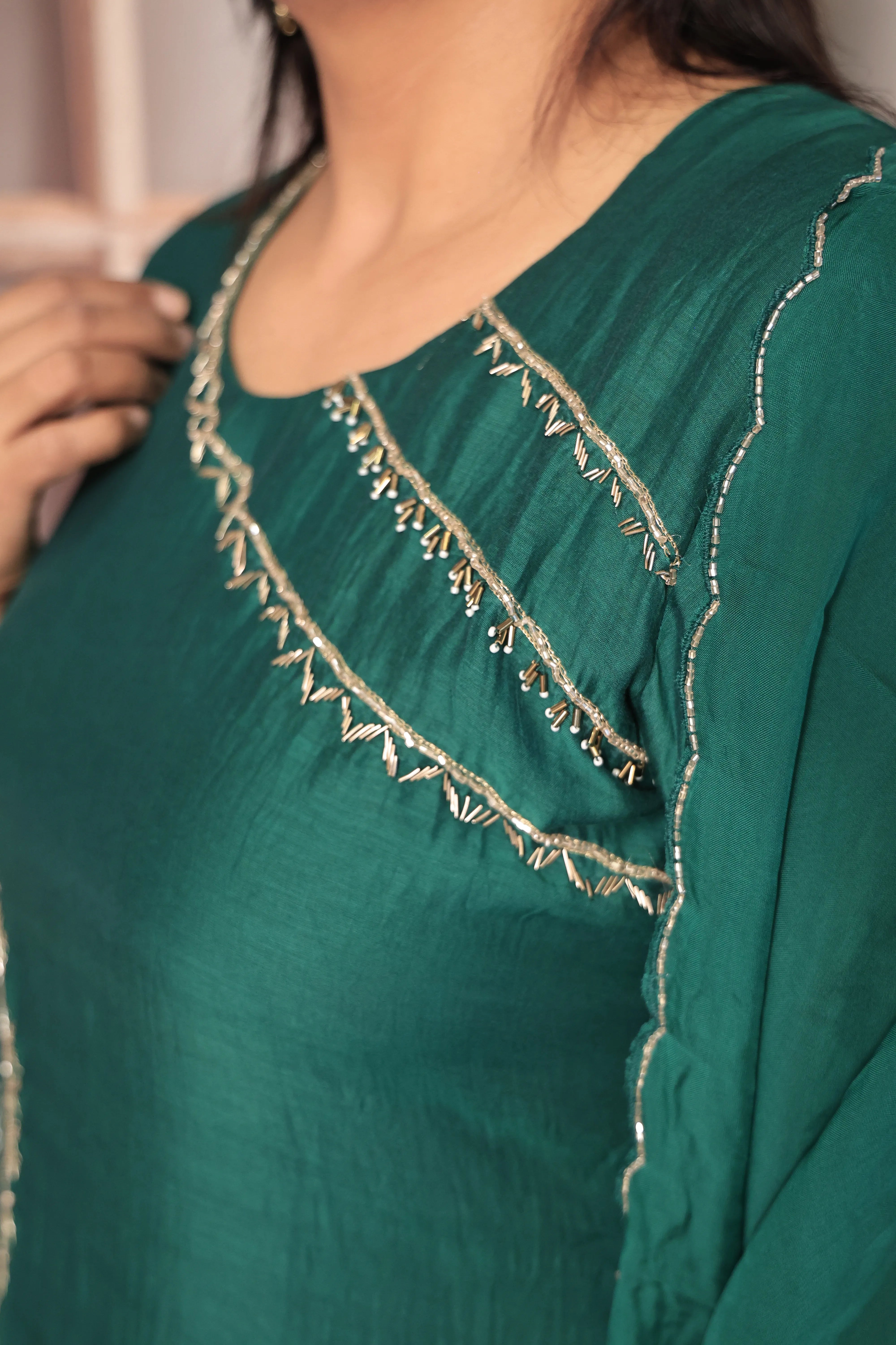 Dark Green A-Line Embroidered Kurta Pant Dupatta Set | Pearl & Sequin Work | Pure Banarasi Mul Chanderi