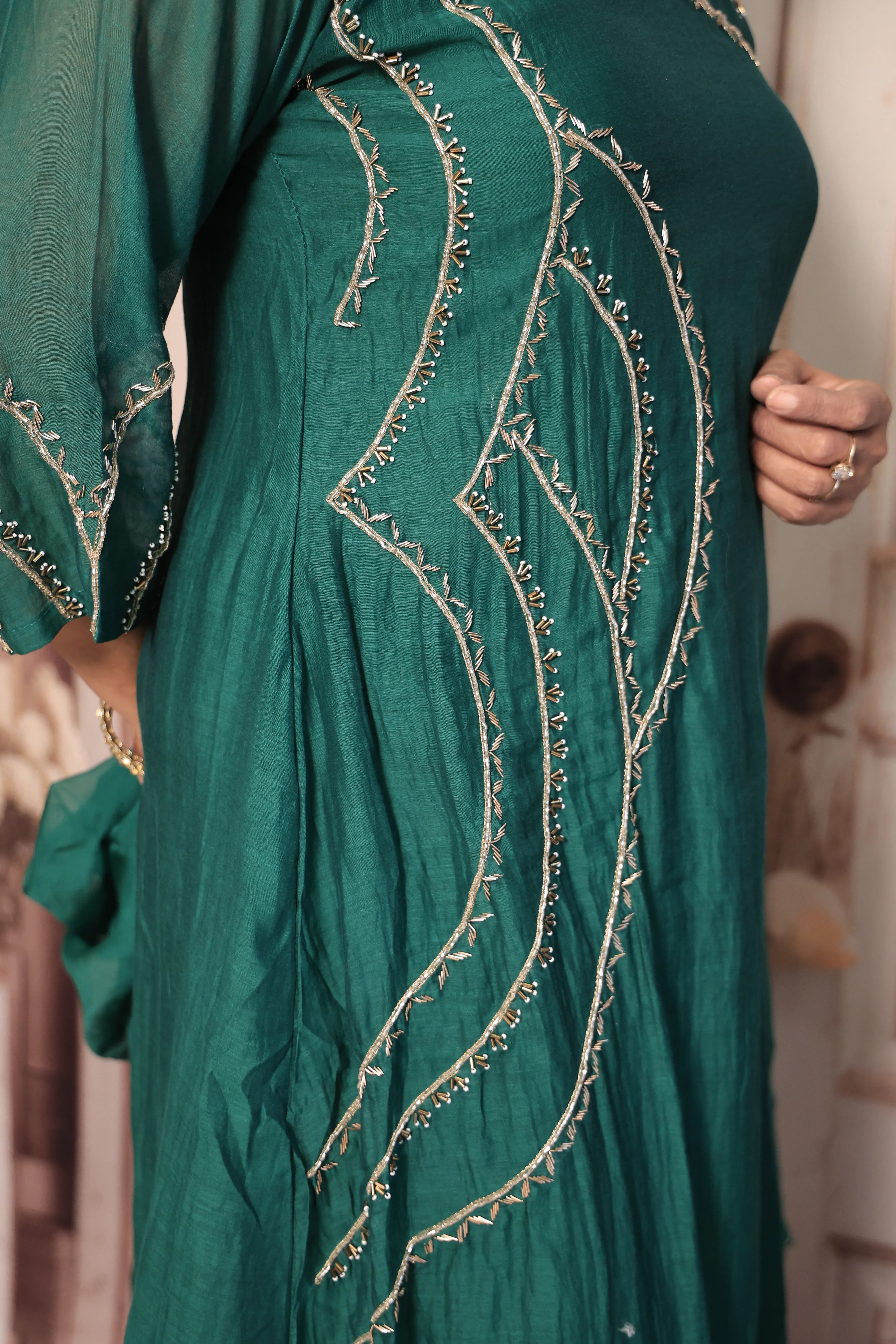 Dark Green A-Line Embroidered Kurta Pant Dupatta Set | Pearl & Sequin Work | Pure Banarasi Mul Chanderi