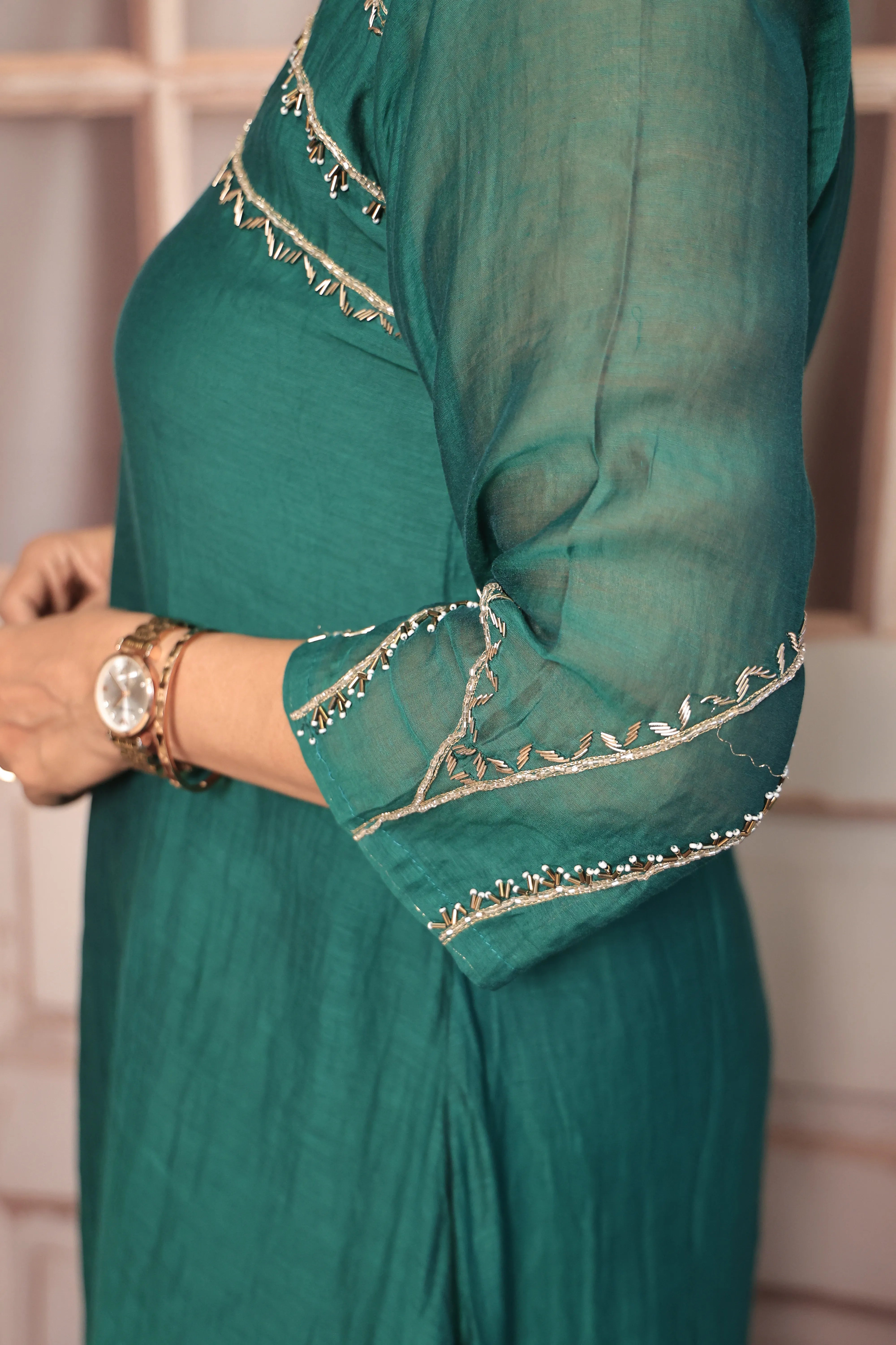 Dark Green A-Line Embroidered Kurta Pant Dupatta Set | Pearl & Sequin Work | Pure Banarasi Mul Chanderi