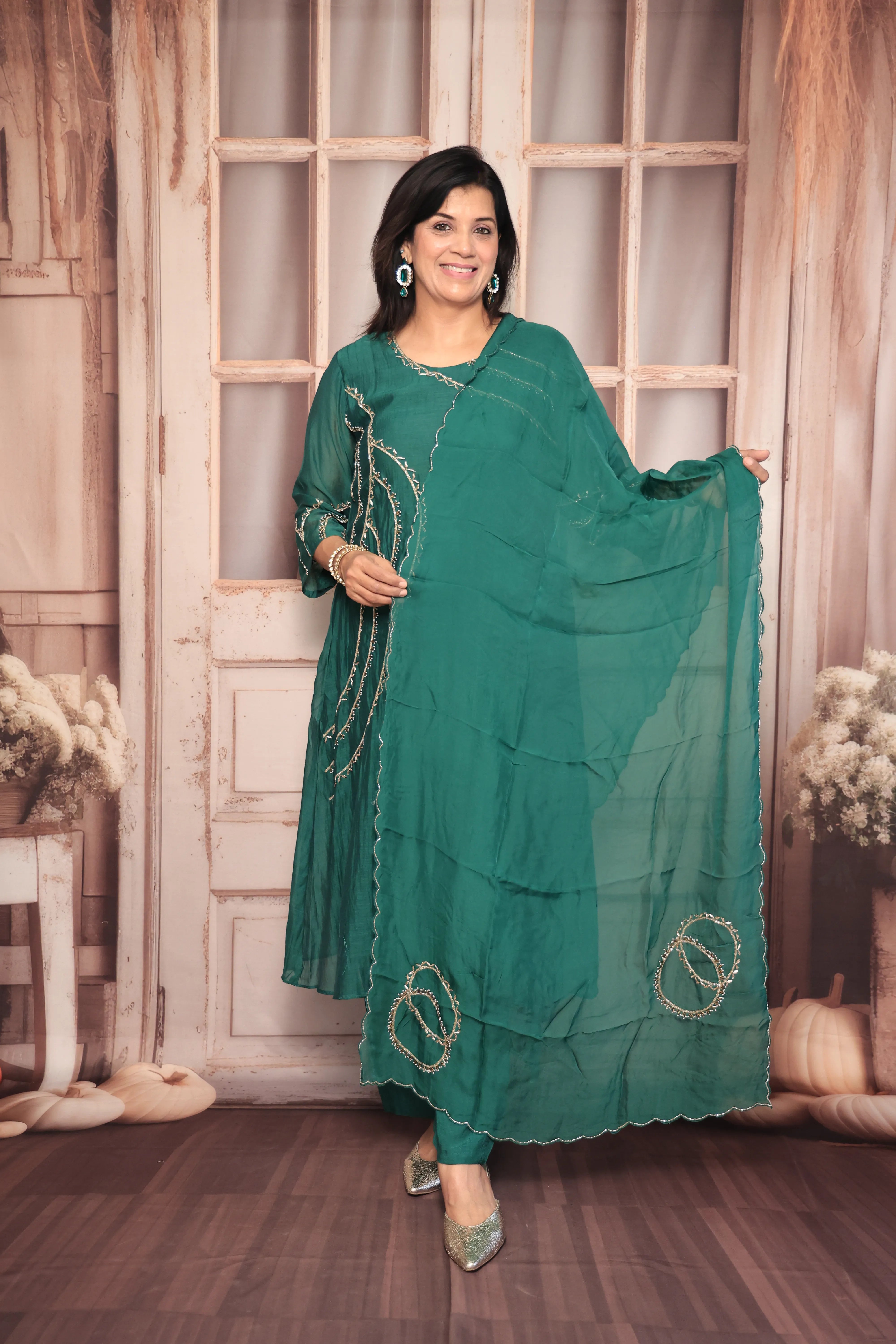 Dark Green A-Line Embroidered Kurta Pant Dupatta Set | Pearl & Sequin Work | Pure Banarasi Mul Chanderi