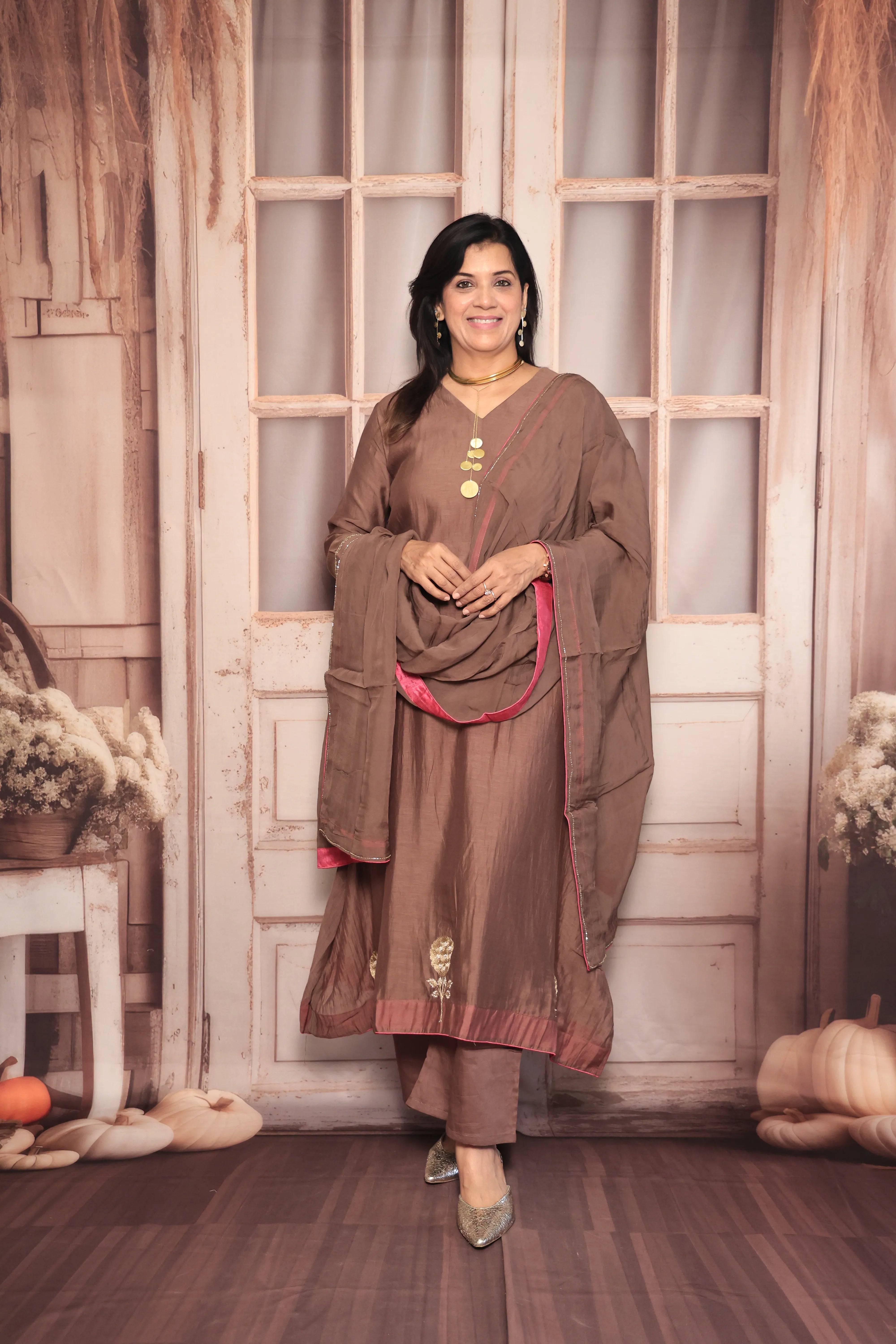 Brownie A-Line Kurta Pant Dupatta Set | Pearl & Zardozi Embroidery | Pure Banarasi Mul Chanderi