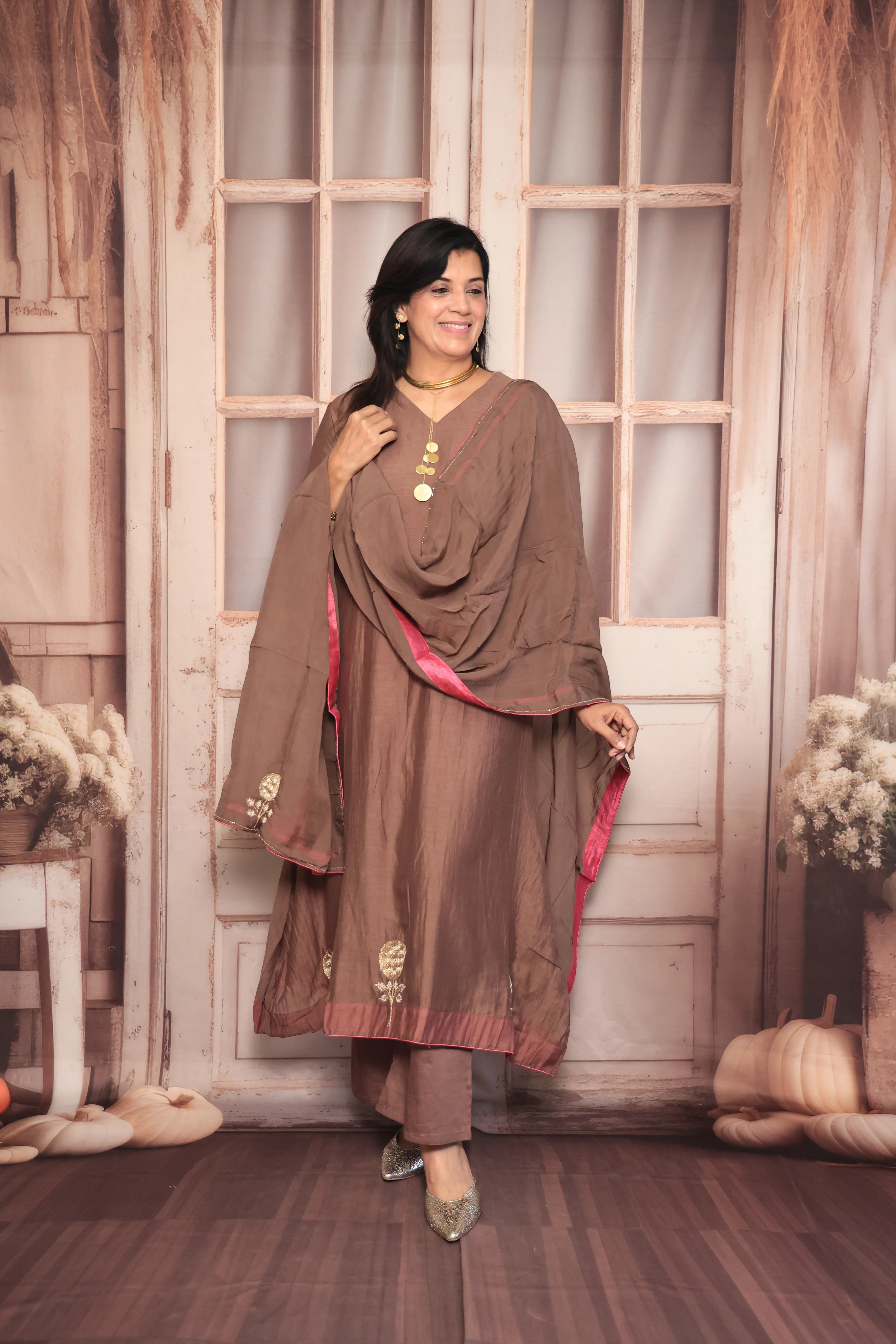 Brownie A-Line Kurta Pant Dupatta Set | Pearl & Zardozi Embroidery | Pure Banarasi Mul Chanderi