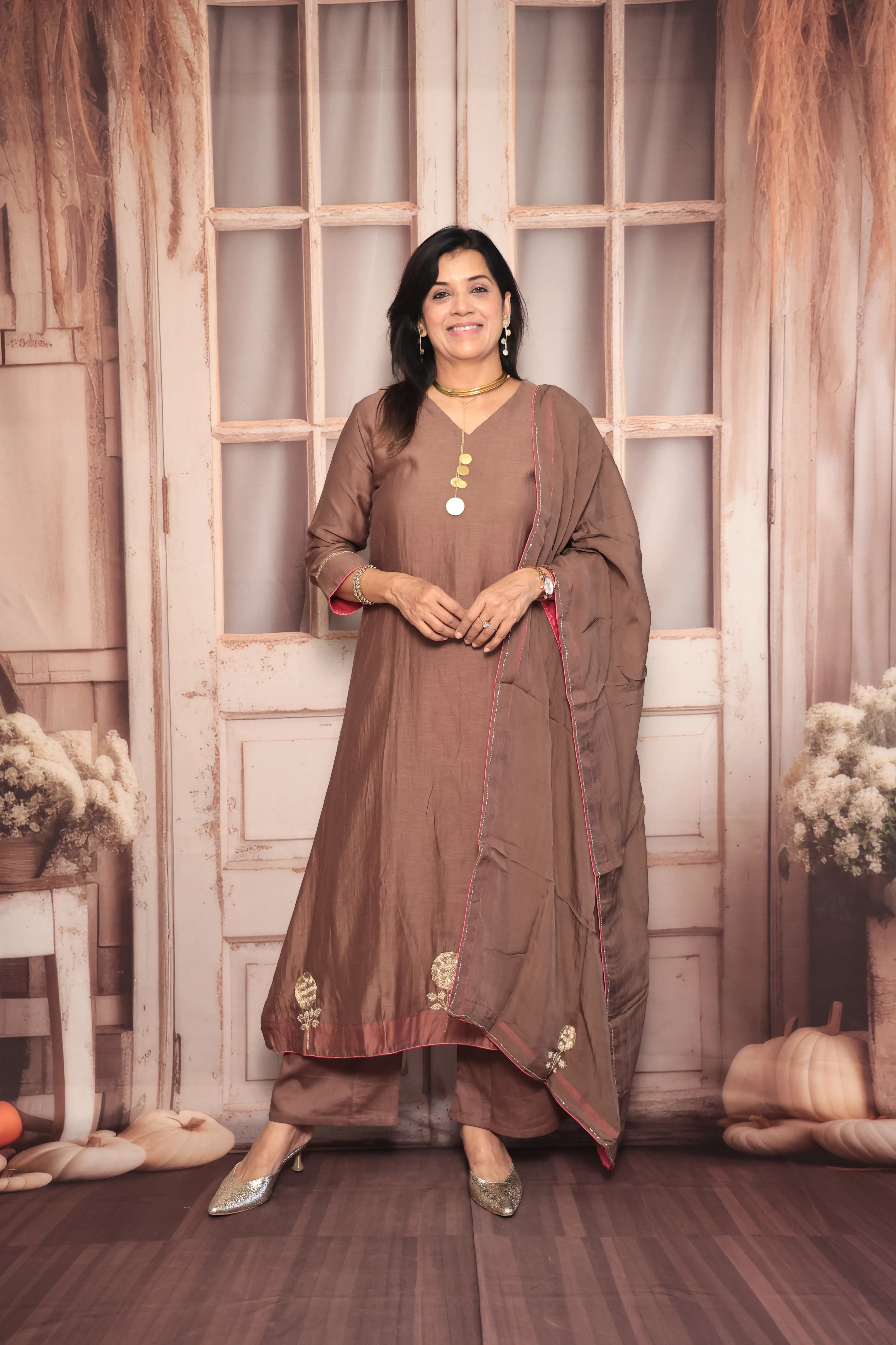 Brownie A-Line Kurta Pant Dupatta Set | Pearl & Zardozi Embroidery | Pure Banarasi Mul Chanderi