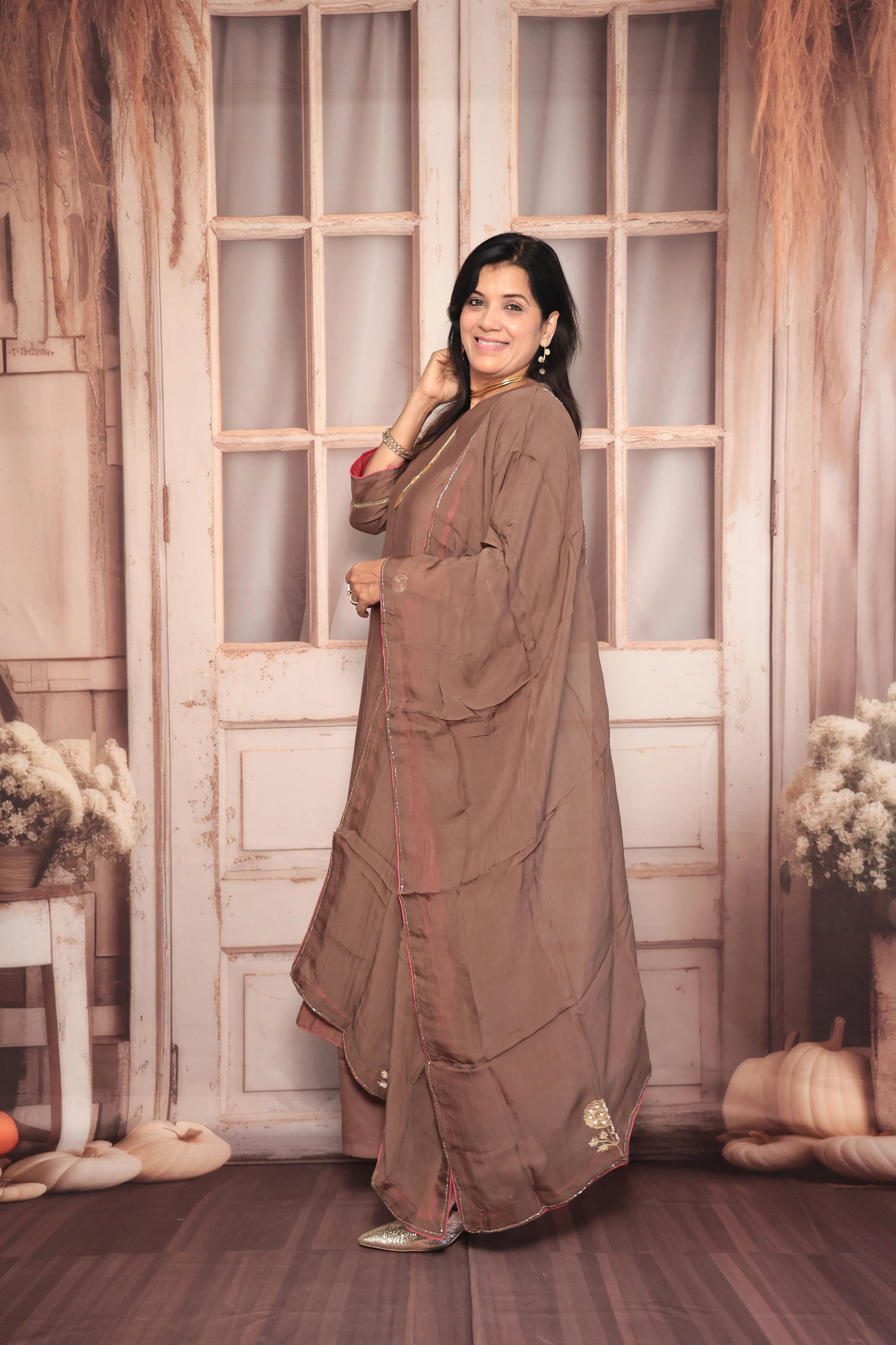 Brownie A-Line Kurta Pant Dupatta Set | Pearl & Zardozi Embroidery | Pure Banarasi Mul Chanderi