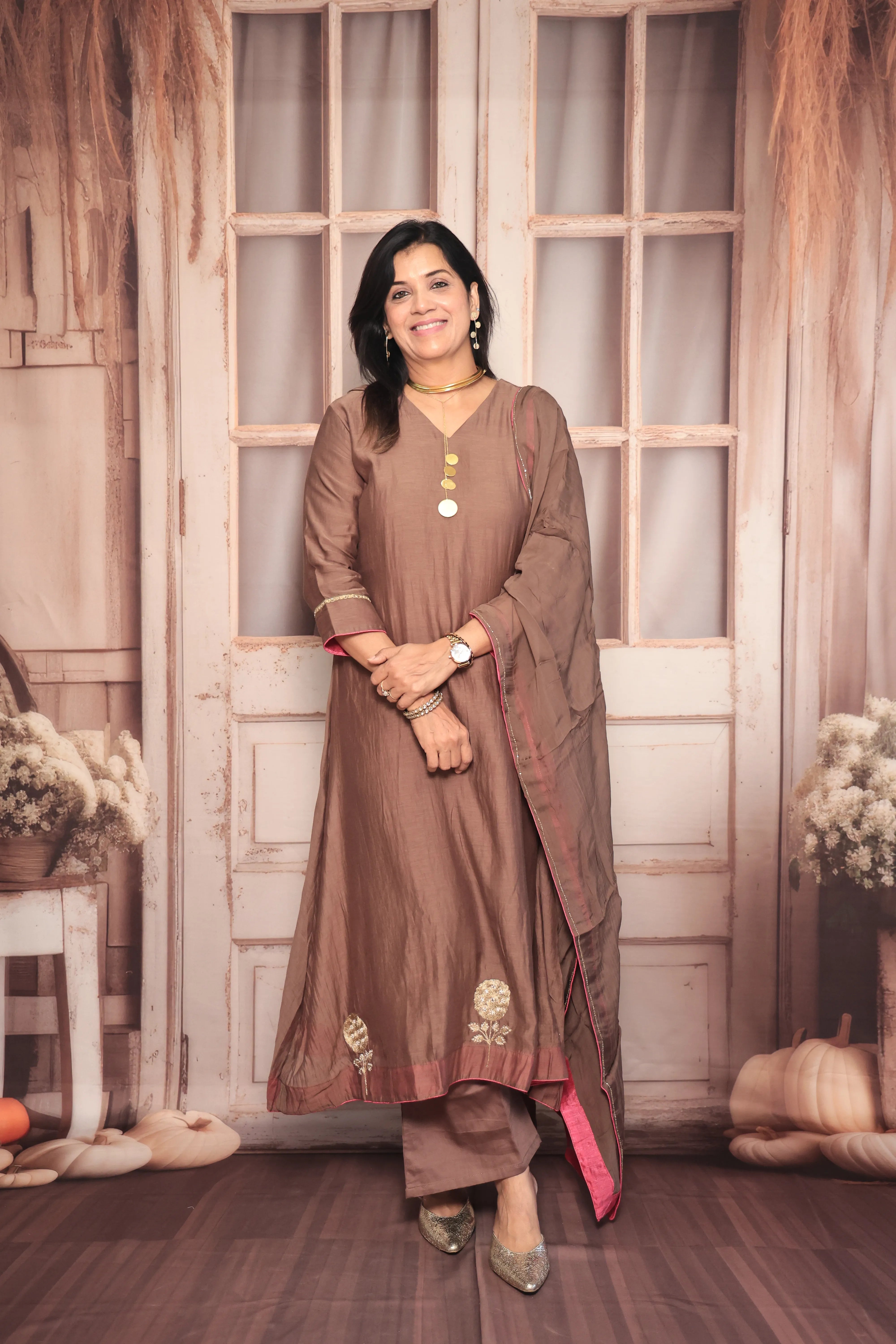 Brownie A-Line Kurta Pant Dupatta Set | Pearl & Zardozi Embroidery | Pure Banarasi Mul Chanderi