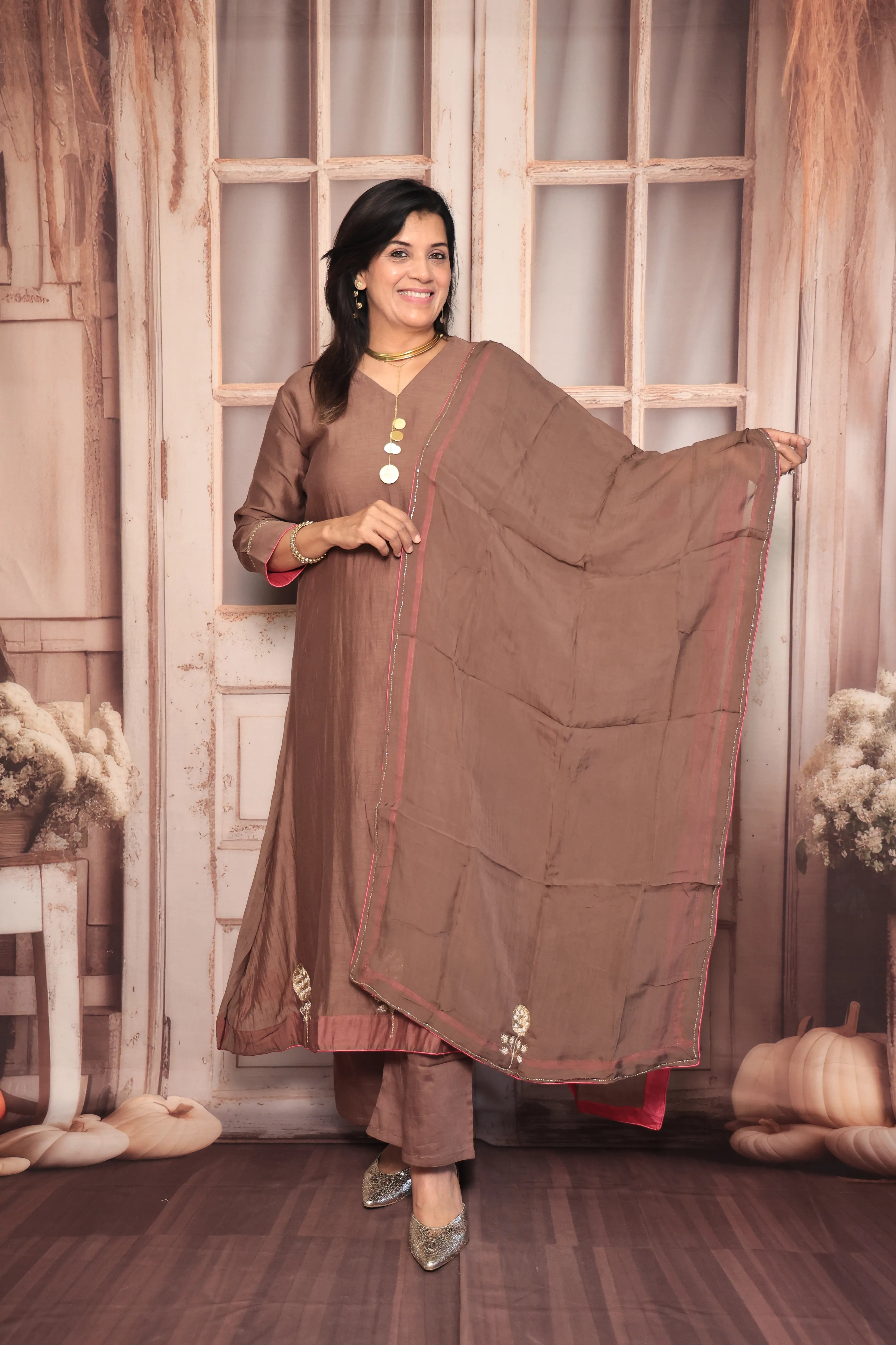 Brownie A-Line Kurta Pant Dupatta Set | Pearl & Zardozi Embroidery | Pure Banarasi Mul Chanderi