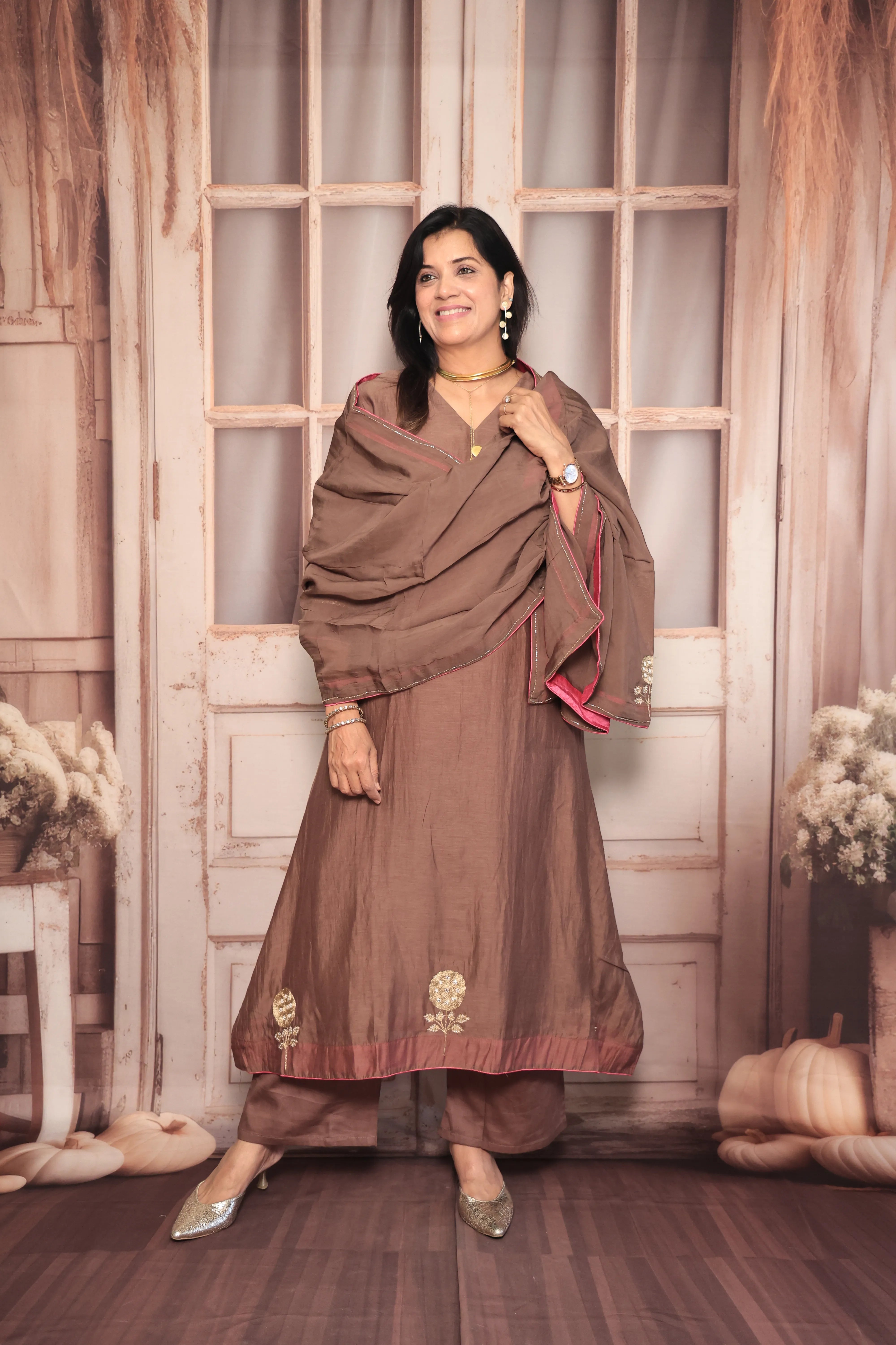 Brownie A-Line Kurta Pant Dupatta Set | Pearl & Zardozi Embroidery | Pure Banarasi Mul Chanderi
