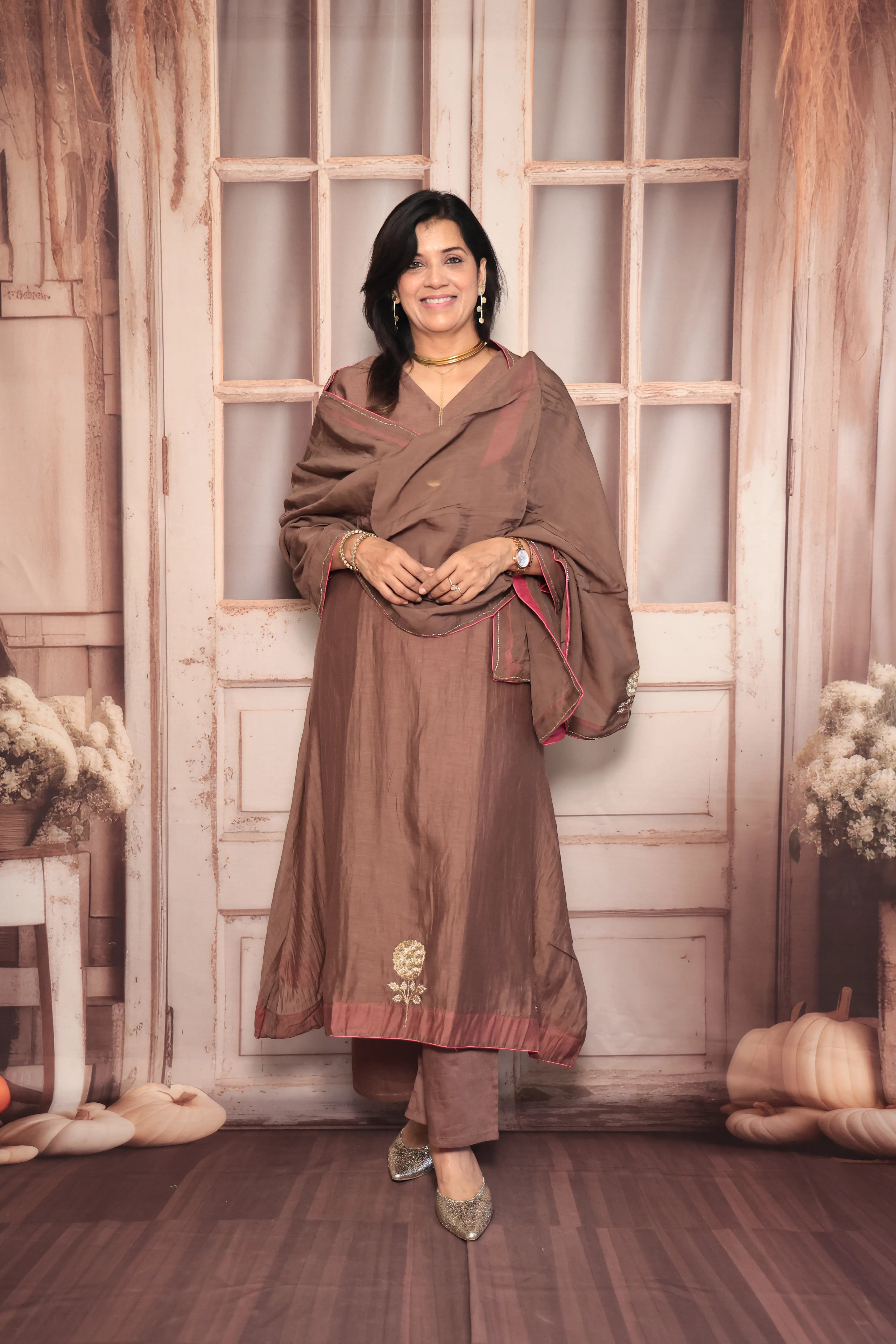 Brownie A-Line Kurta Pant Dupatta Set | Pearl & Zardozi Embroidery | Pure Banarasi Mul Chanderi