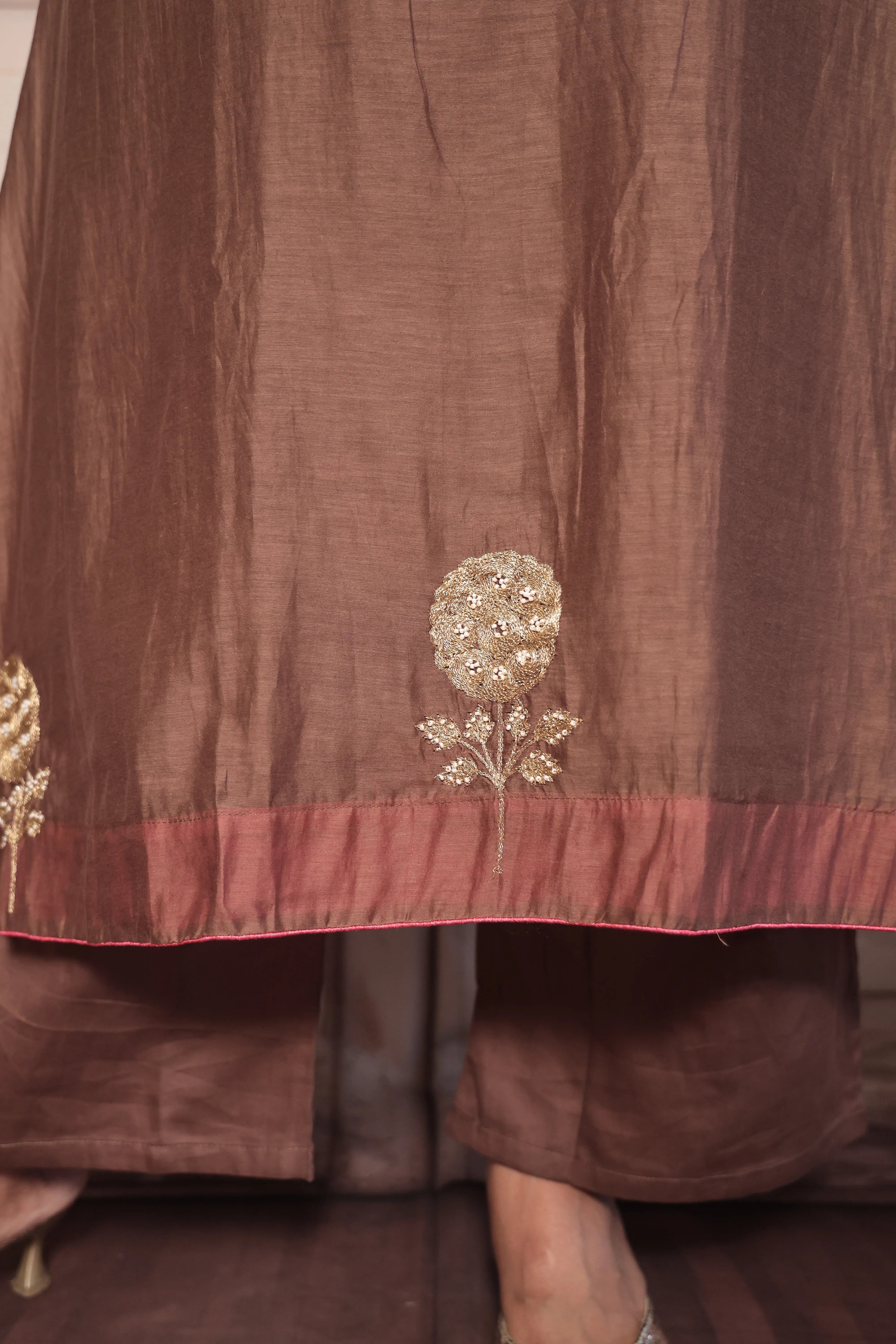 Brownie A-Line Kurta Pant Dupatta Set | Pearl & Zardozi Embroidery | Pure Banarasi Mul Chanderi