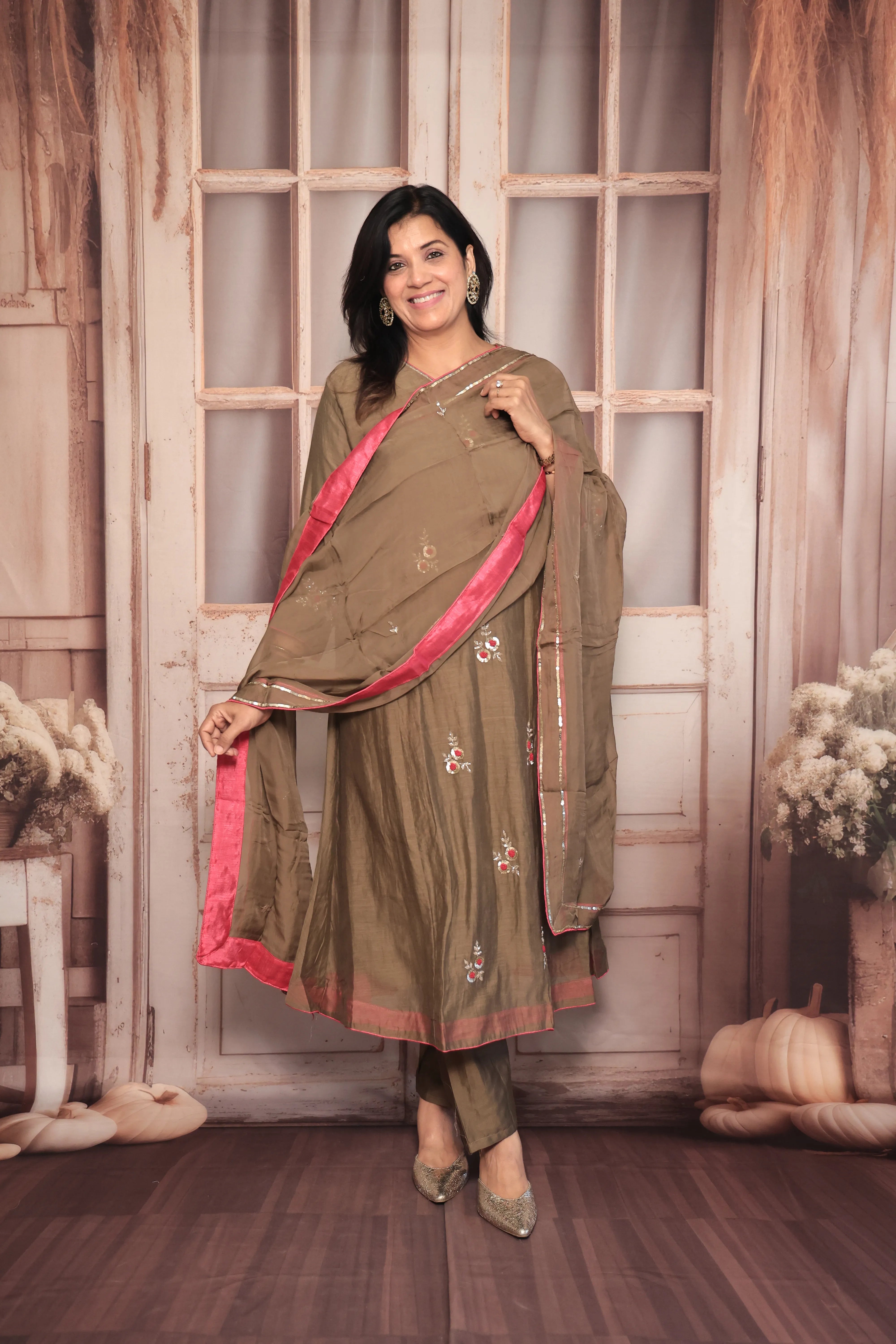 Walnut Brown A-Line Kurta Pant Dupatta Set | Pearl & Sequin Embroidery | Pure Banarasi Mul Chanderi