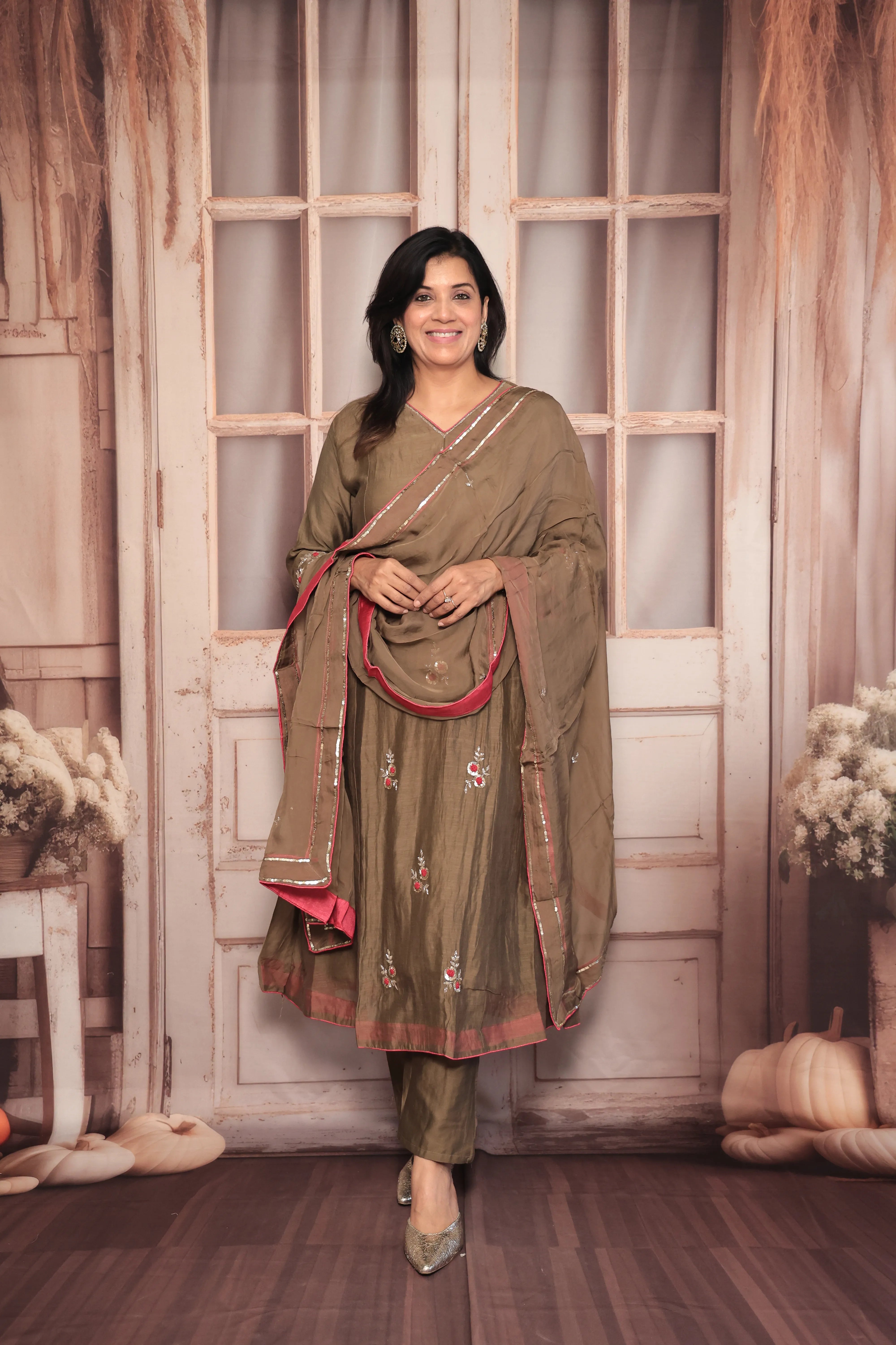 Walnut Brown A-Line Kurta Pant Dupatta Set | Pearl & Sequin Embroidery | Pure Banarasi Mul Chanderi