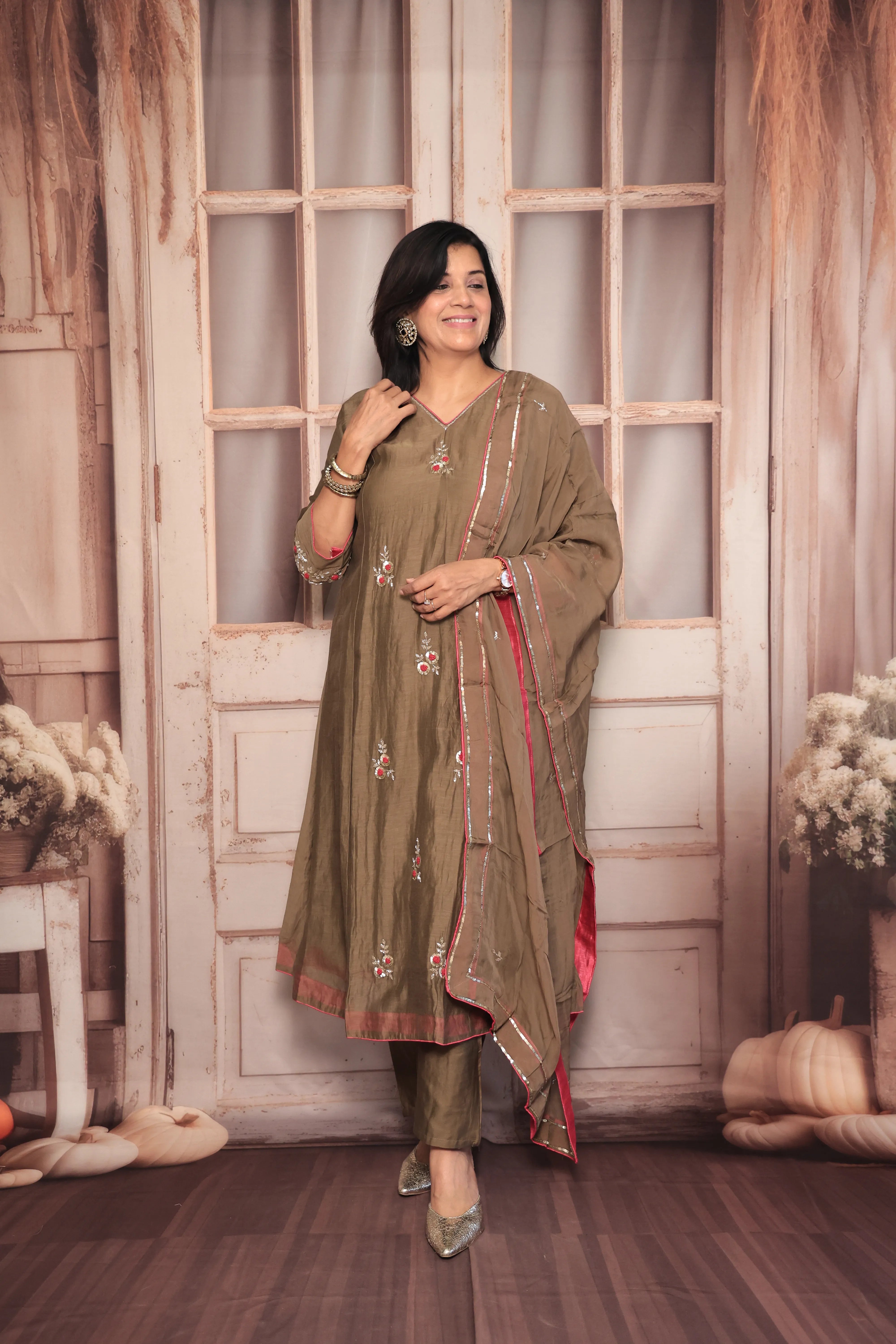 Walnut Brown A-Line Kurta Pant Dupatta Set | Pearl & Sequin Embroidery | Pure Banarasi Mul Chanderi