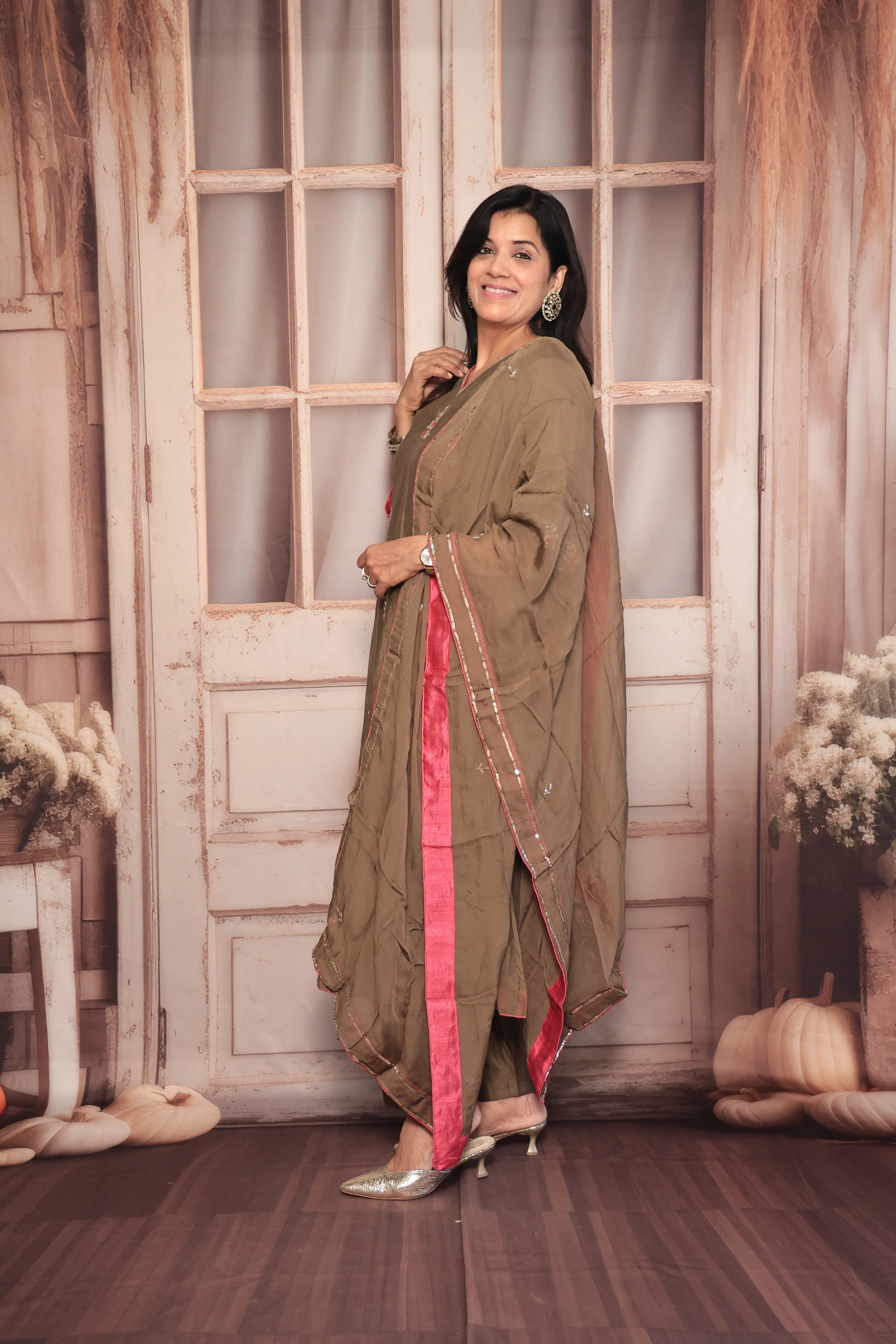 Walnut Brown A-Line Kurta Pant Dupatta Set | Pearl & Sequin Embroidery | Pure Banarasi Mul Chanderi
