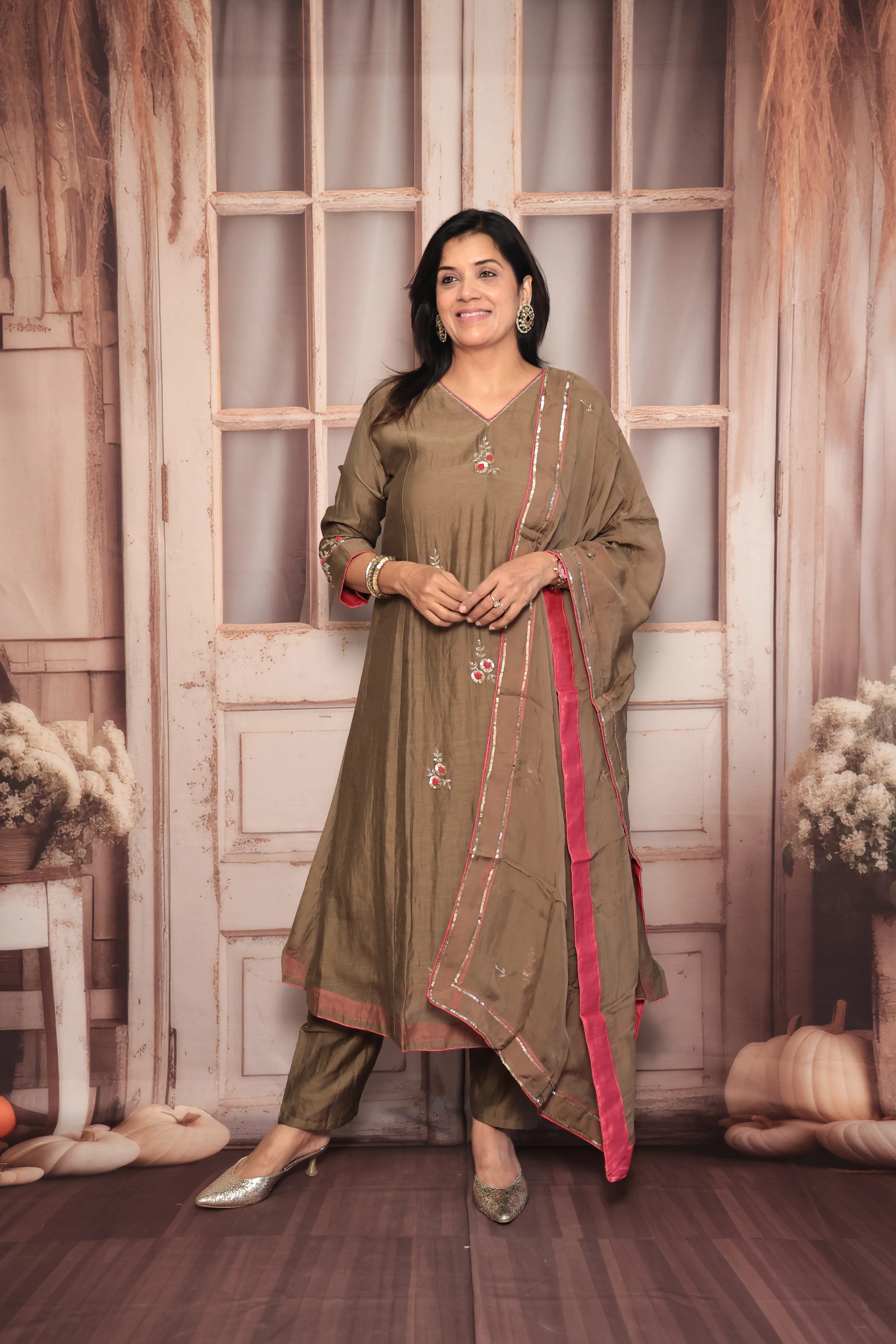 Walnut Brown A-Line Kurta Pant Dupatta Set | Pearl & Sequin Embroidery | Pure Banarasi Mul Chanderi