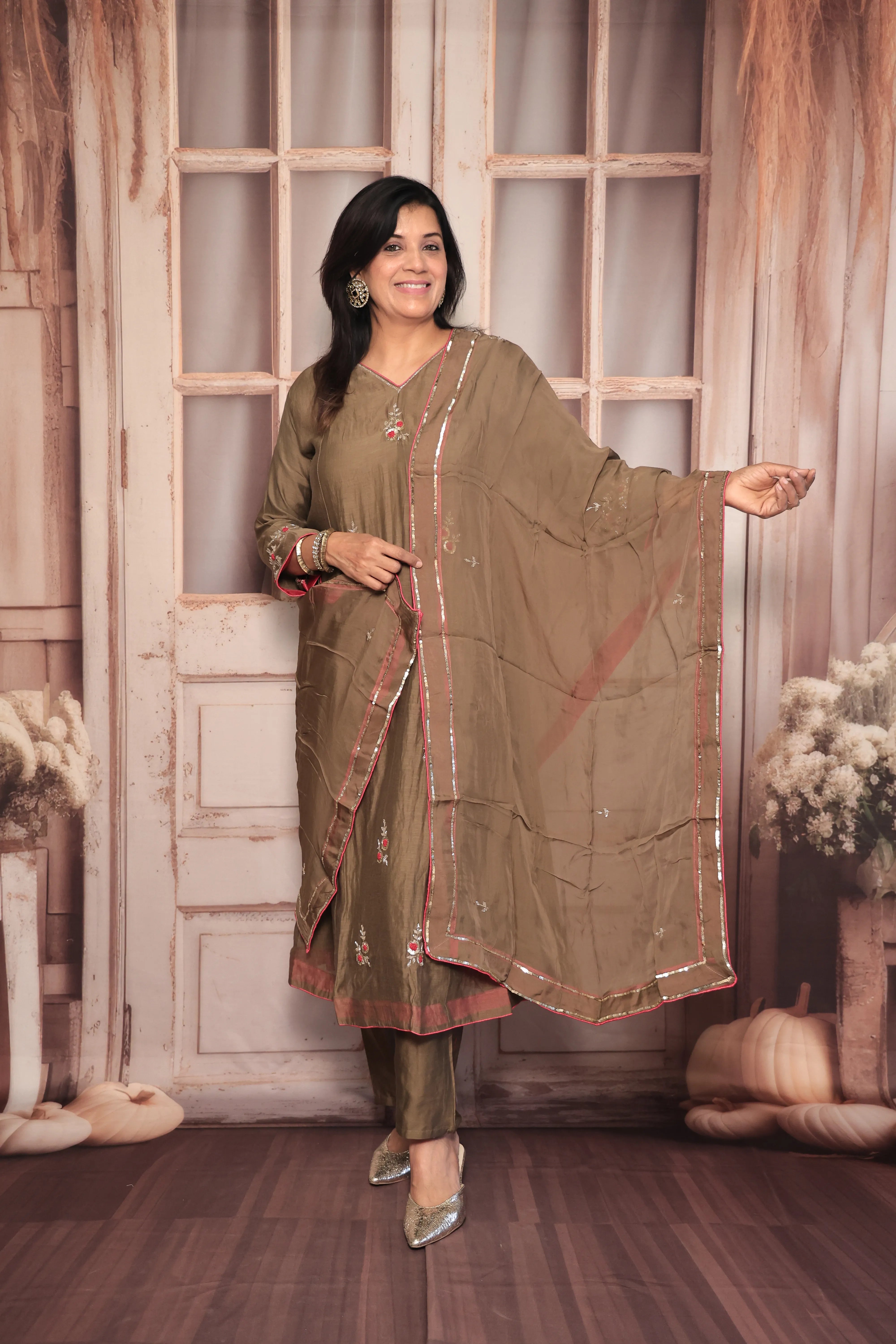 Walnut Brown A-Line Kurta Pant Dupatta Set | Pearl & Sequin Embroidery | Pure Banarasi Mul Chanderi
