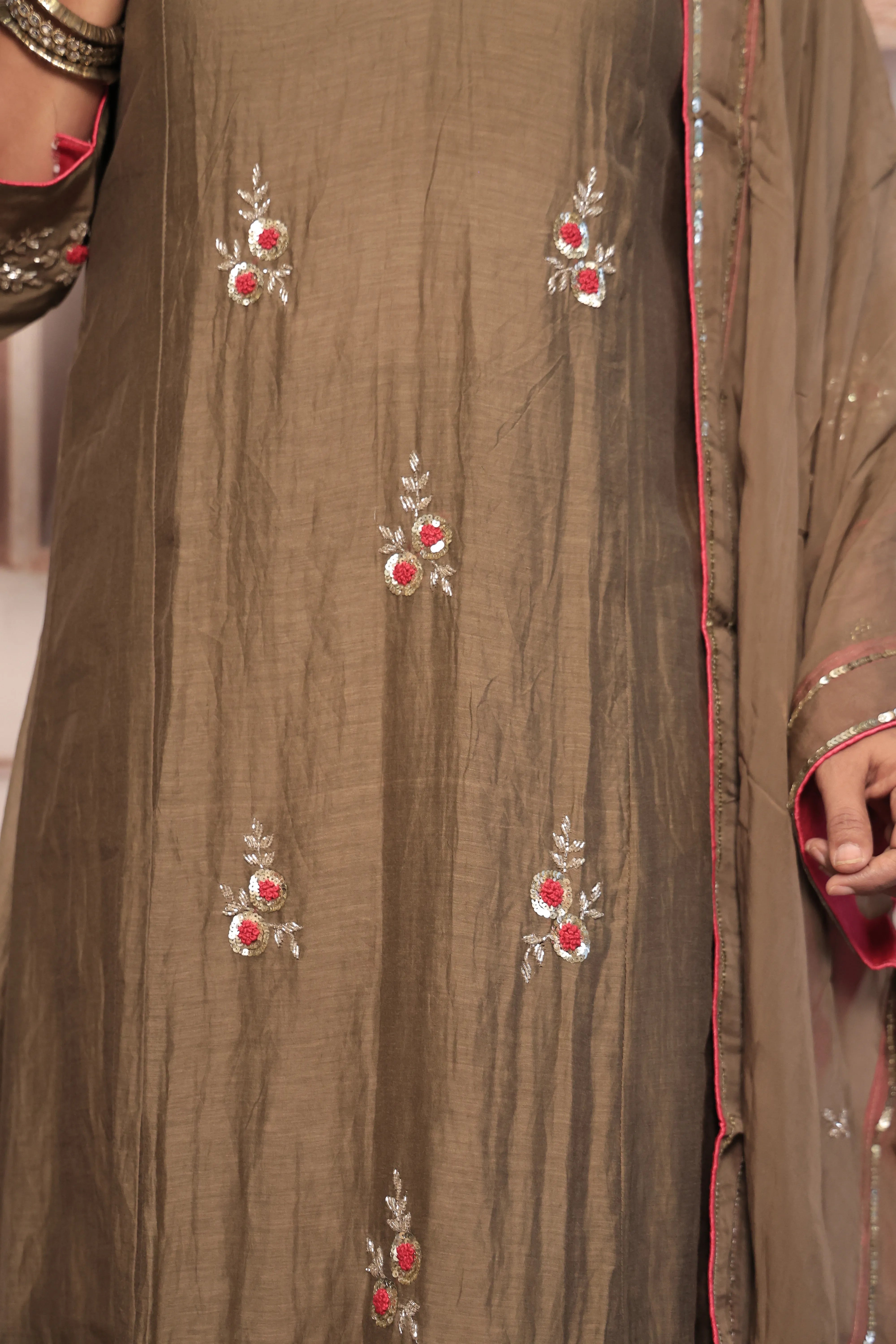 Walnut Brown A-Line Kurta Pant Dupatta Set | Pearl & Sequin Embroidery | Pure Banarasi Mul Chanderi