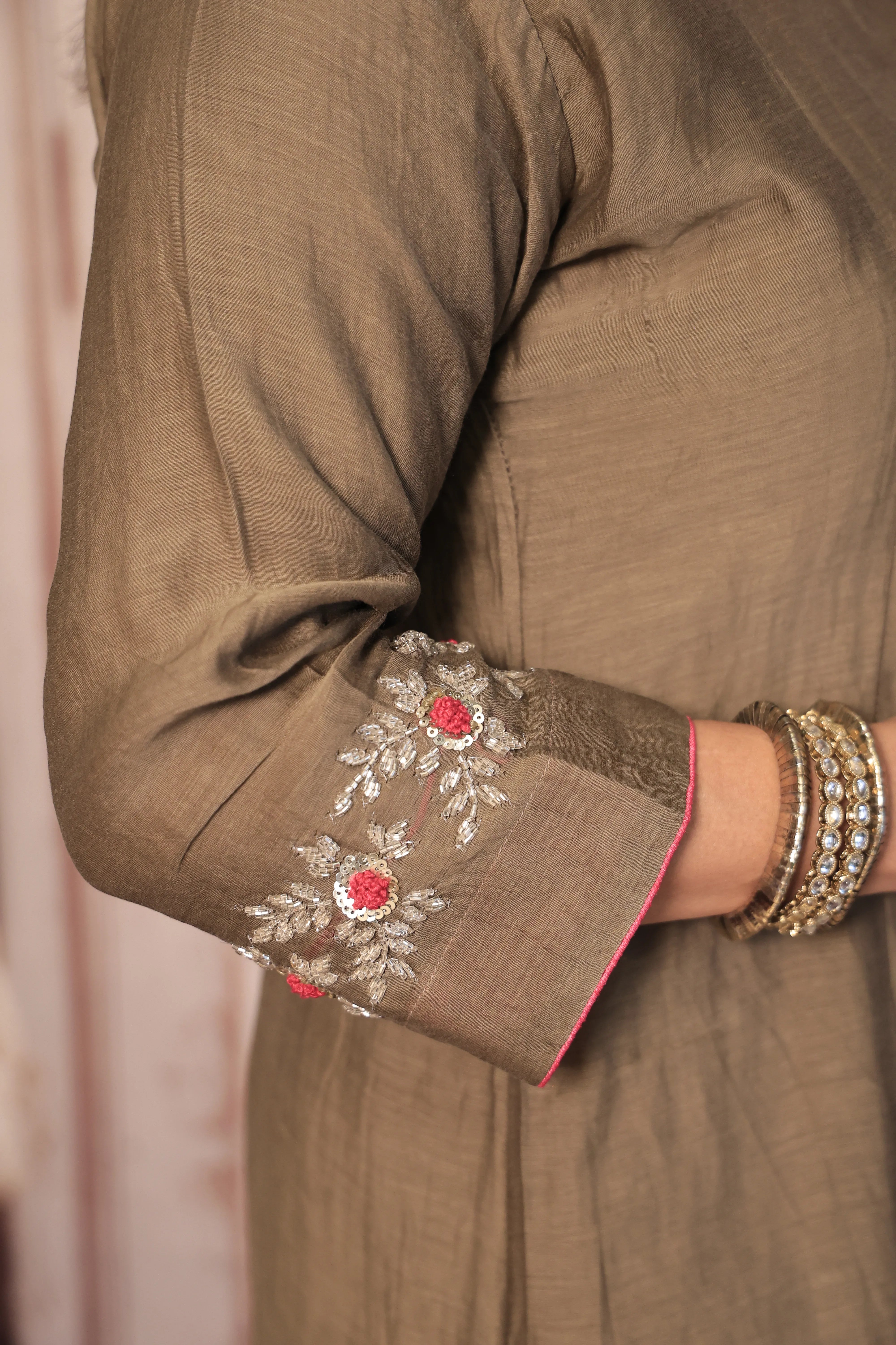 Walnut Brown A-Line Kurta Pant Dupatta Set | Pearl & Sequin Embroidery | Pure Banarasi Mul Chanderi