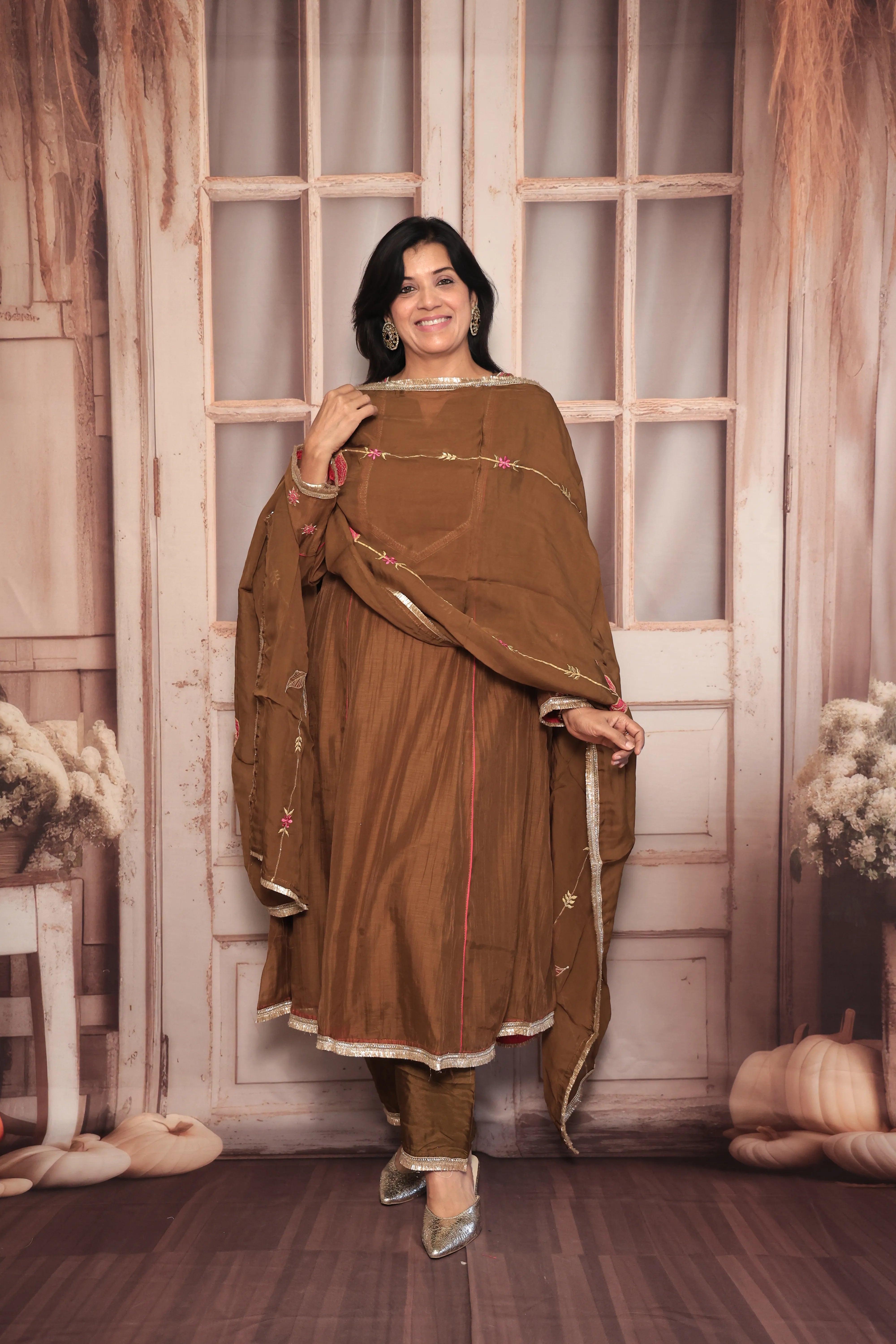 Golden Brown A-Line Embroidered Kurta Pant Dupatta Set | Pearl & Thread Embroidery | Pure Banarasi Mul Chanderi
