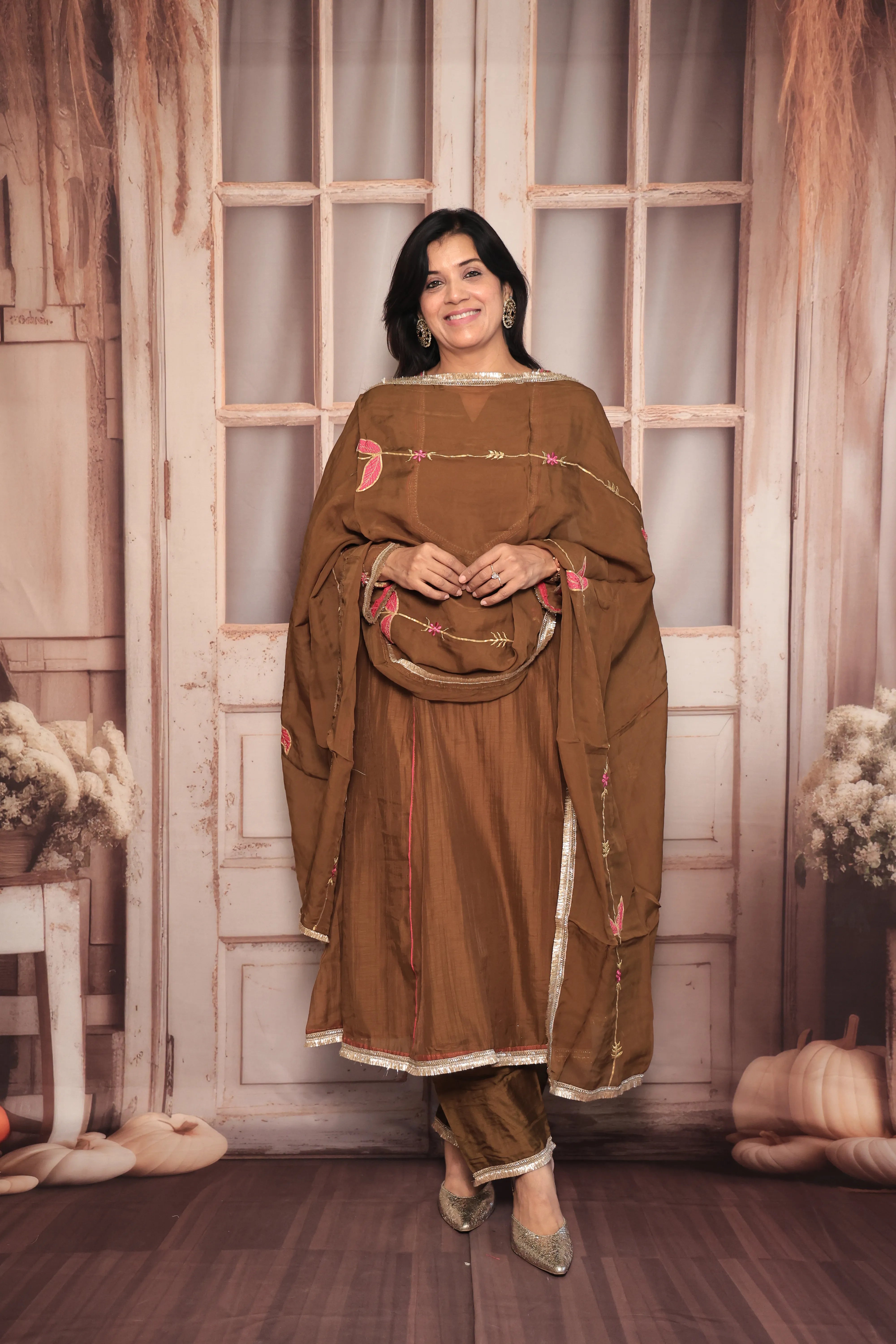 Golden Brown A-Line Embroidered Kurta Pant Dupatta Set | Pearl & Thread Embroidery | Pure Banarasi Mul Chanderi