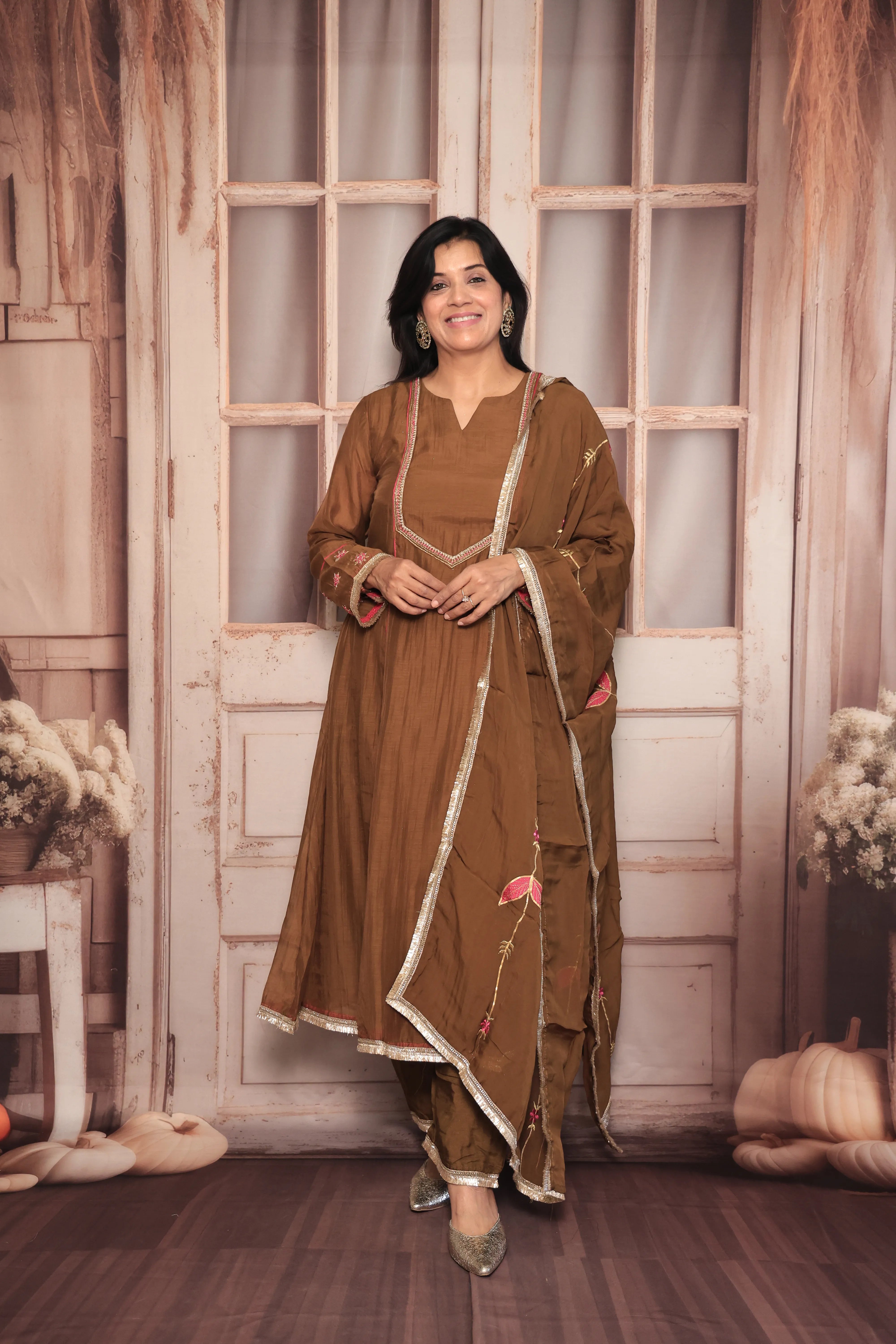 Golden Brown A-Line Embroidered Kurta Pant Dupatta Set | Pearl & Thread Embroidery | Pure Banarasi Mul Chanderi