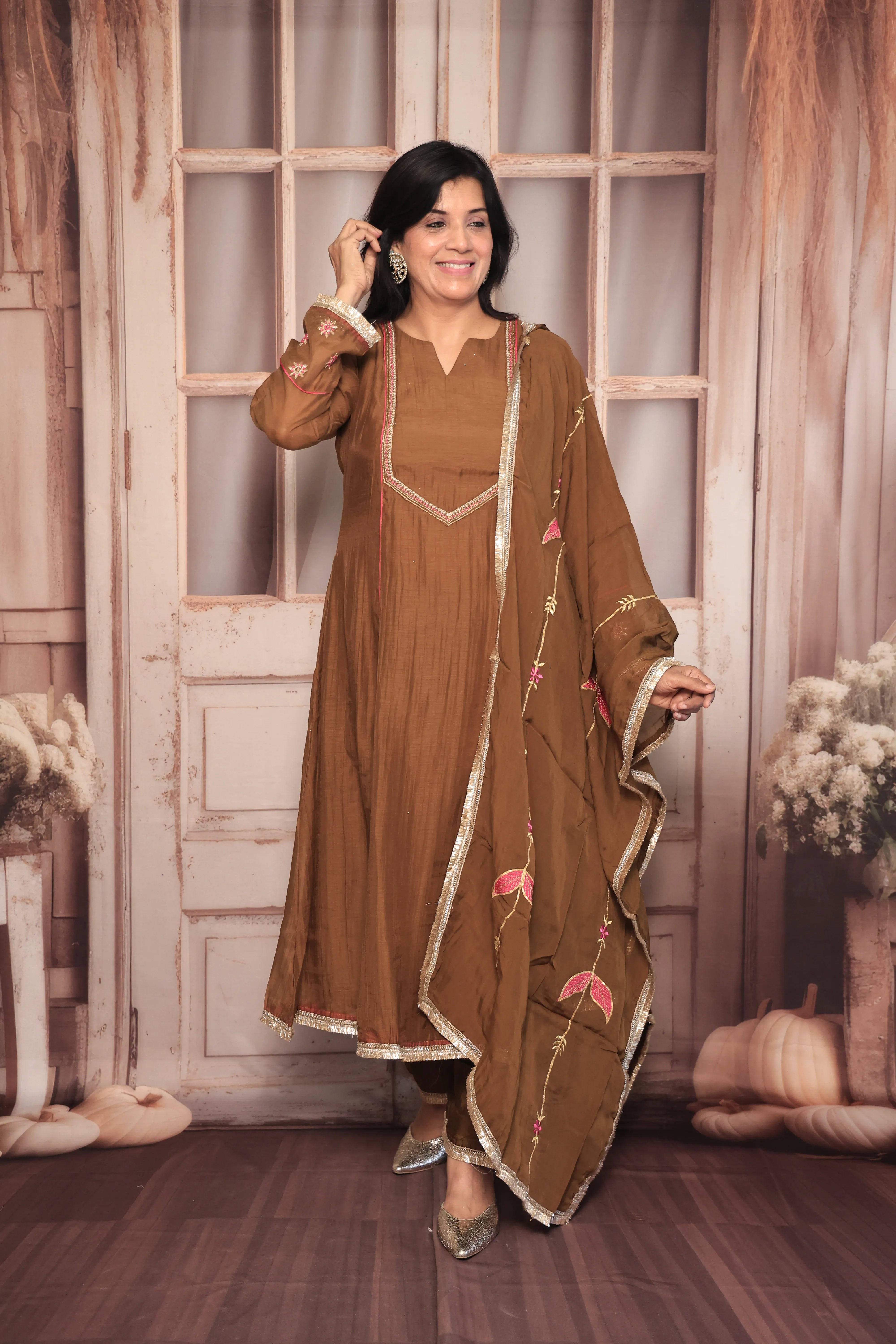 Golden Brown A-Line Embroidered Kurta Pant Dupatta Set | Pearl & Thread Embroidery | Pure Banarasi Mul Chanderi