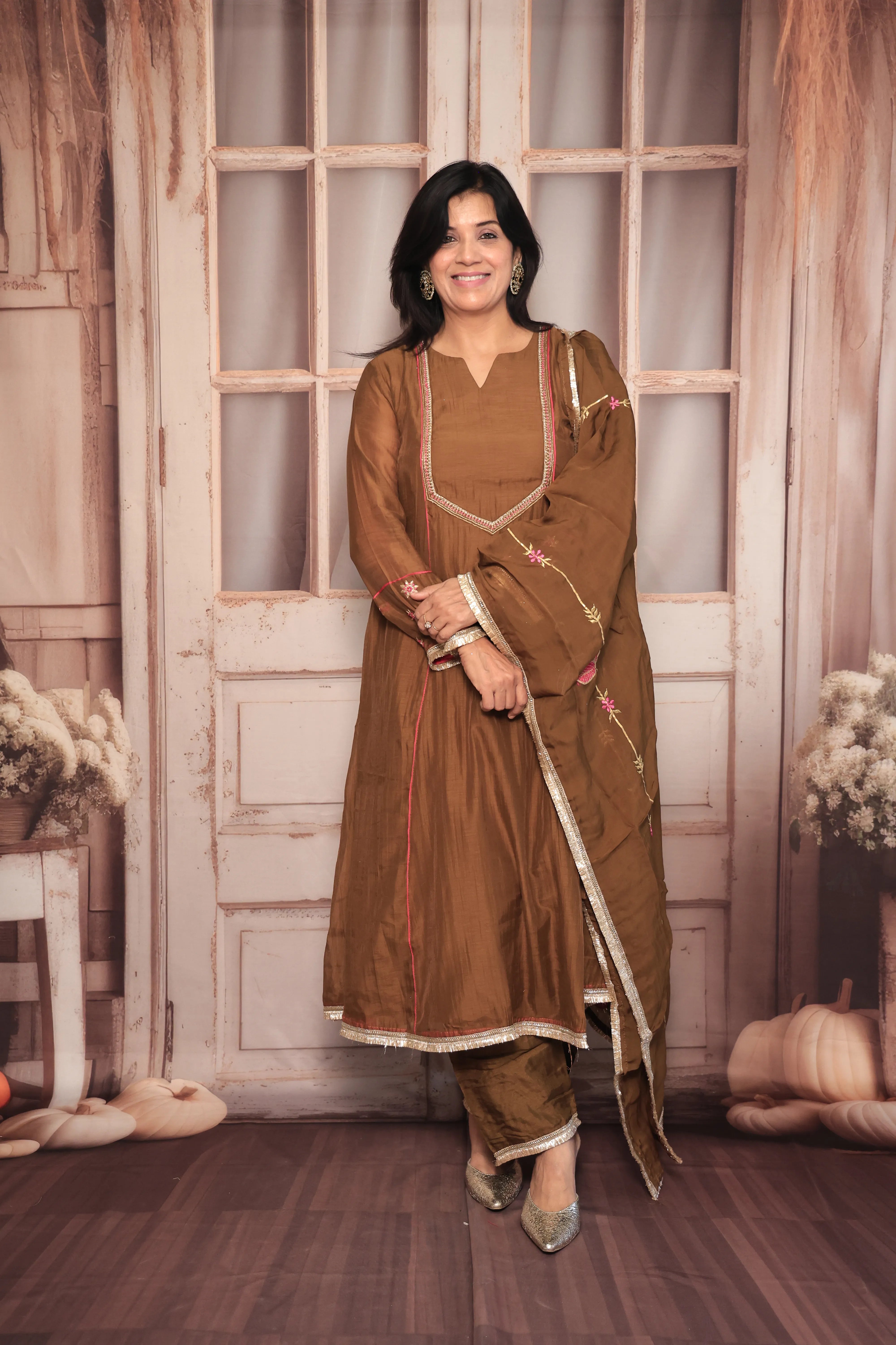 Golden Brown A-Line Embroidered Kurta Pant Dupatta Set | Pearl & Thread Embroidery | Pure Banarasi Mul Chanderi