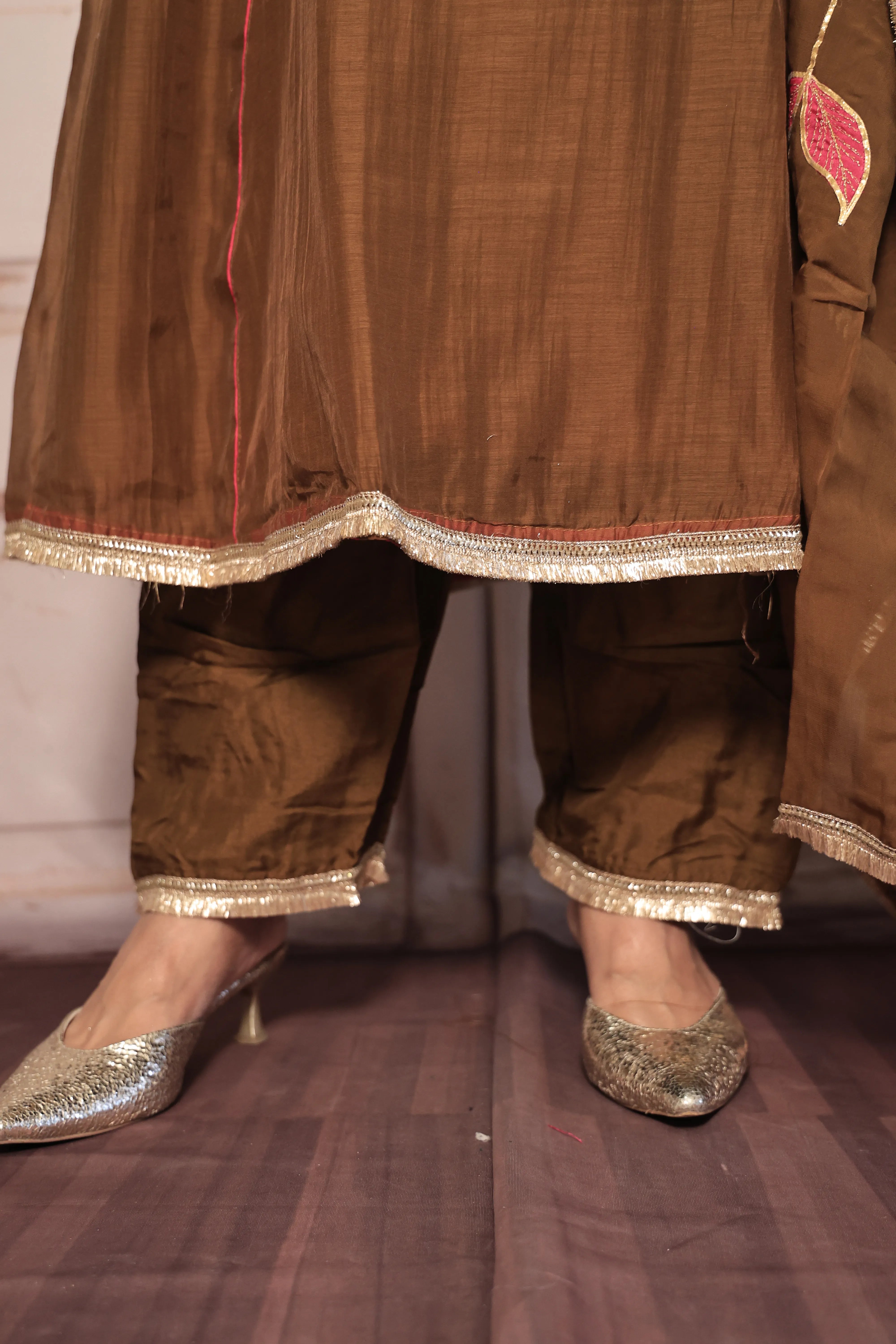 Golden Brown A-Line Embroidered Kurta Pant Dupatta Set | Pearl & Thread Embroidery | Pure Banarasi Mul Chanderi