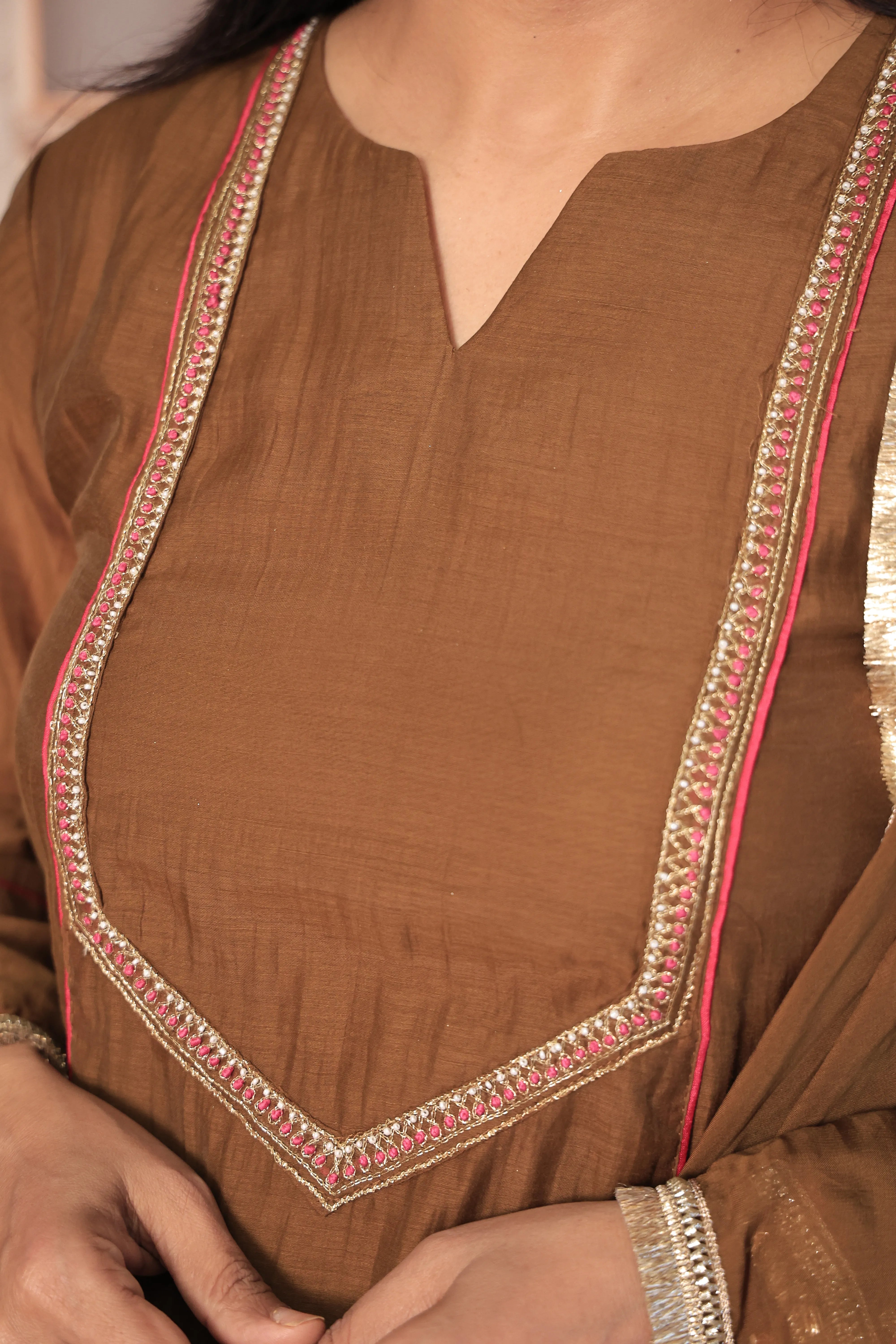 Golden Brown A-Line Embroidered Kurta Pant Dupatta Set | Pearl & Thread Embroidery | Pure Banarasi Mul Chanderi