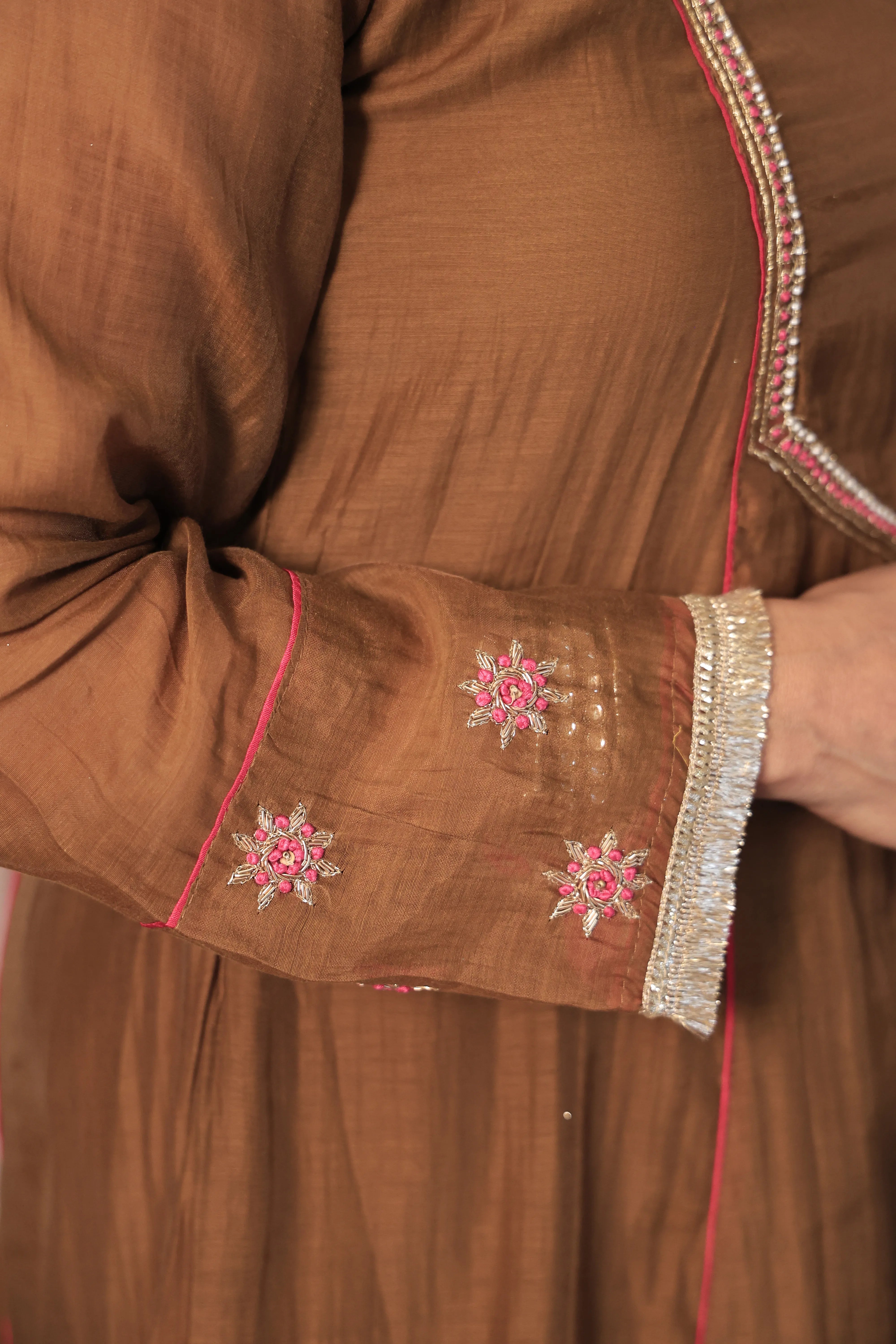 Golden Brown A-Line Embroidered Kurta Pant Dupatta Set | Pearl & Thread Embroidery | Pure Banarasi Mul Chanderi