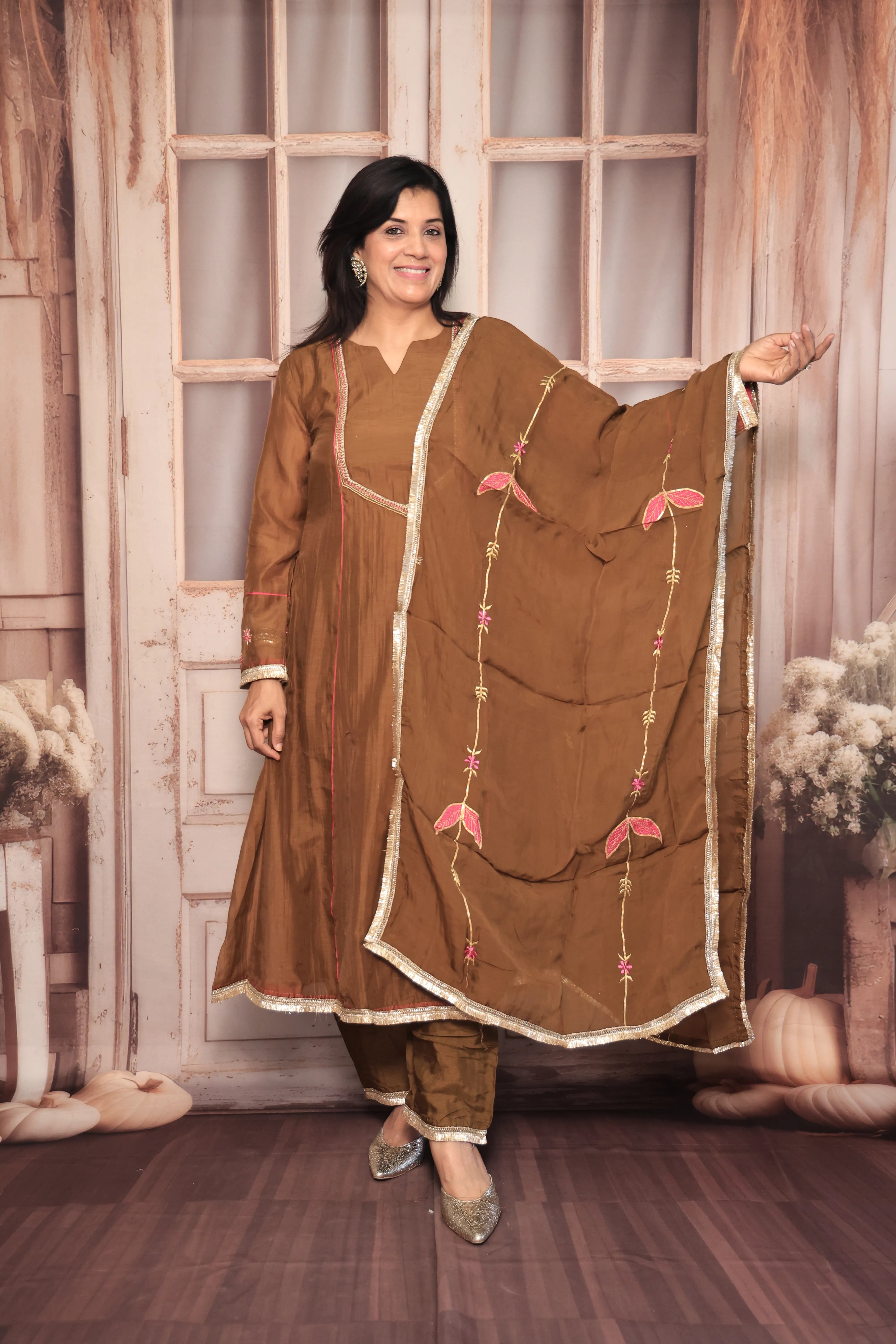 Golden Brown A-Line Embroidered Kurta Pant Dupatta Set | Pearl & Thread Embroidery | Pure Banarasi Mul Chanderi