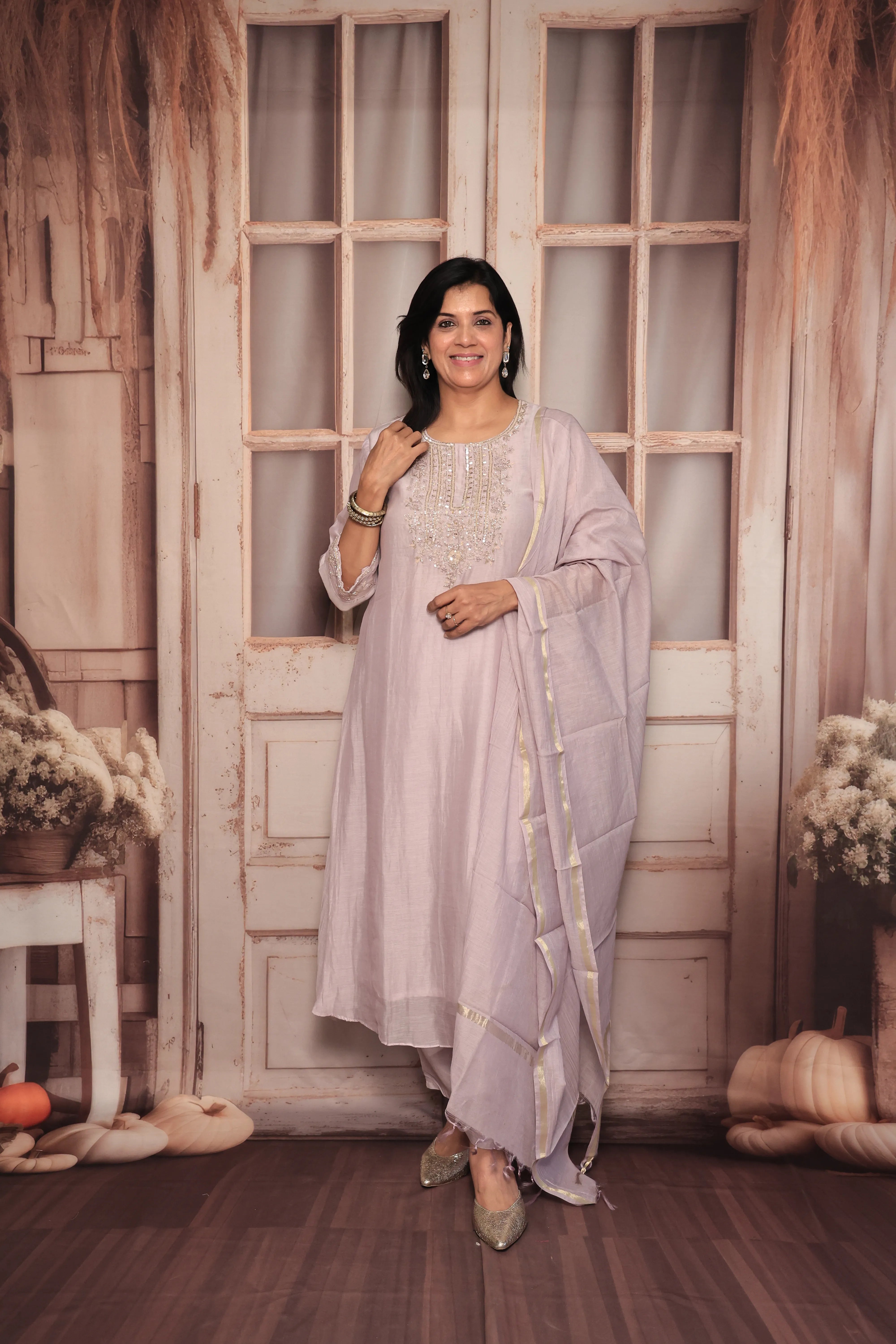Light Lavender A-Line Yoke Embroidered Kurta Pant Dupatta Set | Hand Work | Pure Banarasi Mul Chanderi