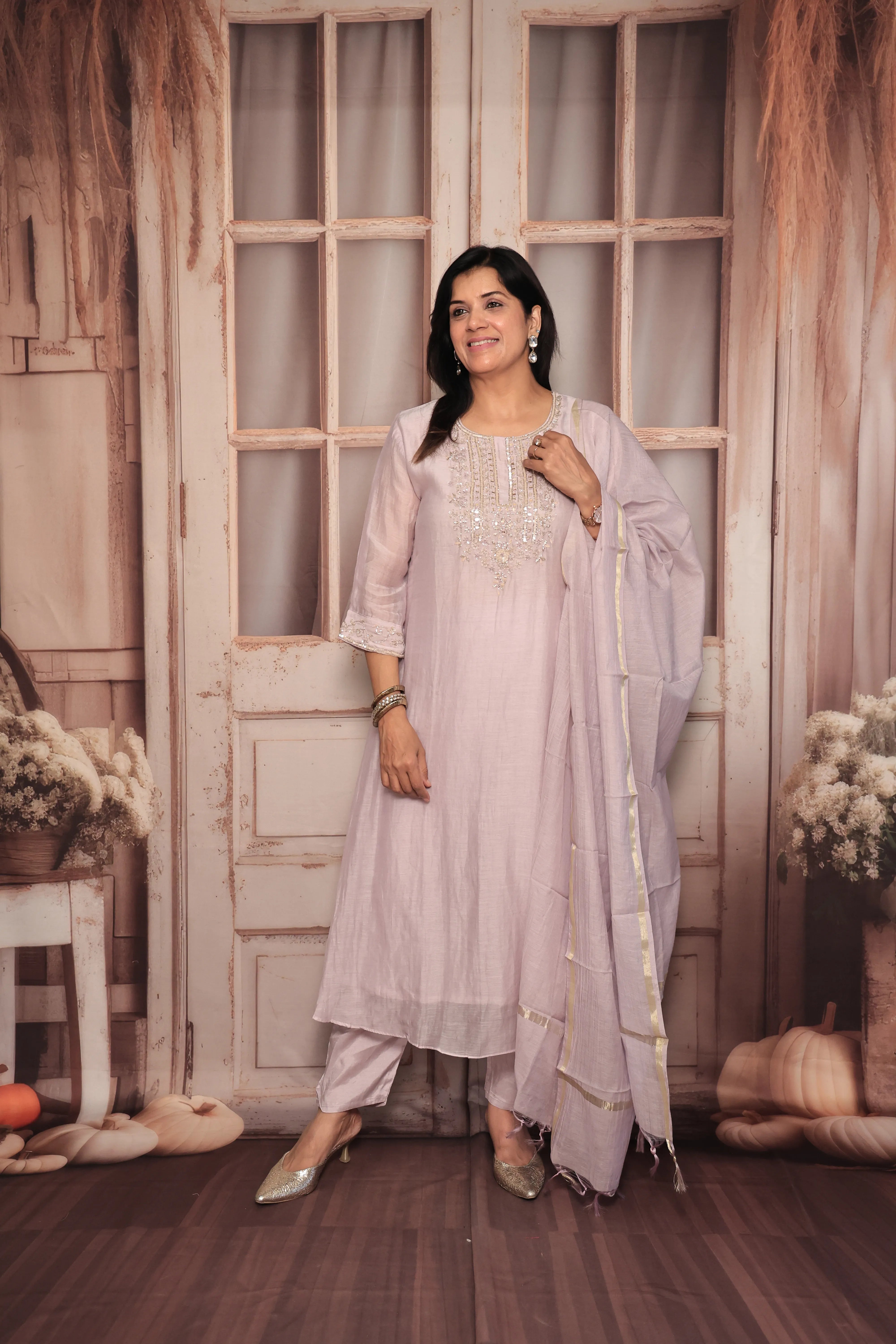 Light Lavender A-Line Yoke Embroidered Kurta Pant Dupatta Set | Hand Work | Pure Banarasi Mul Chanderi