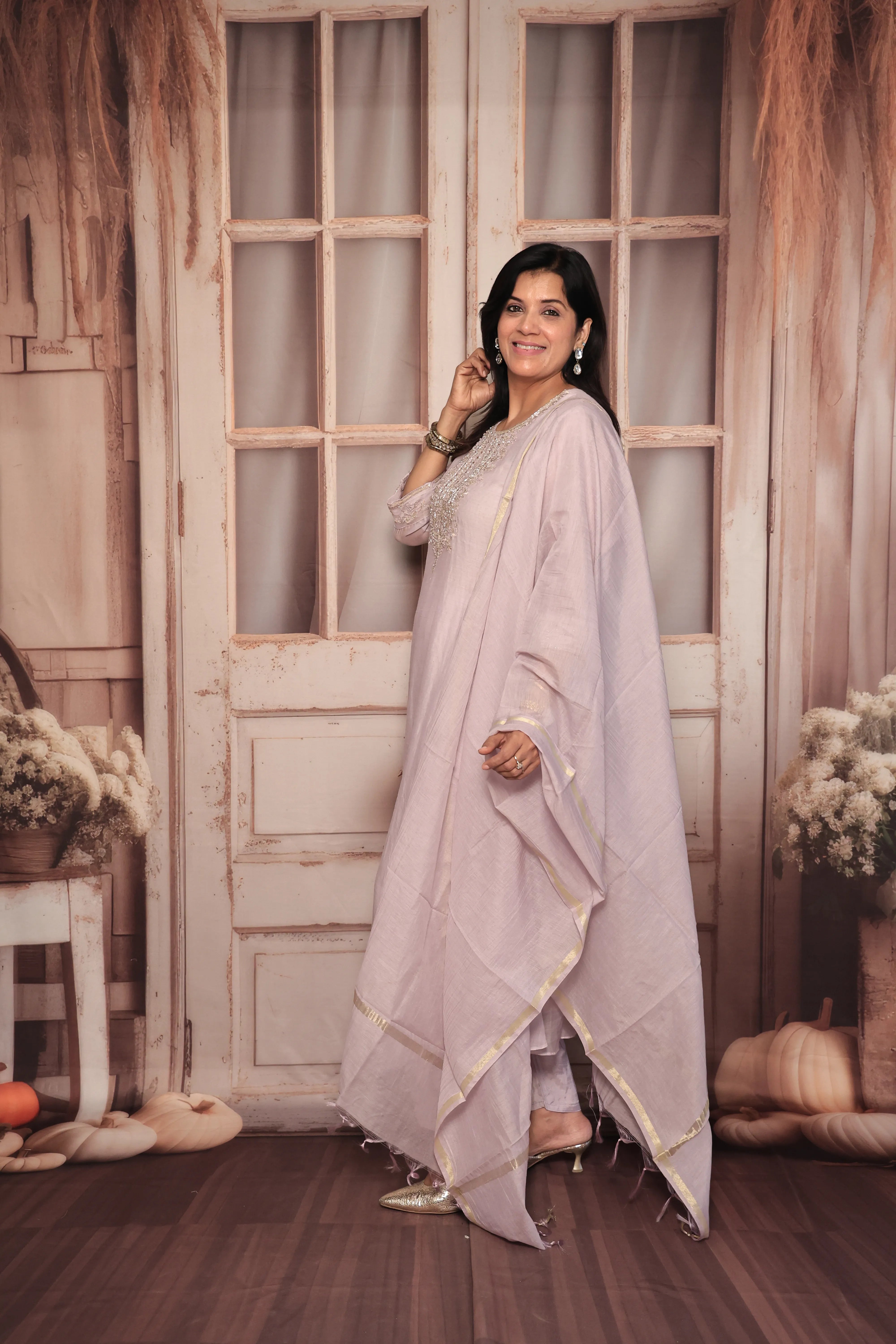 Light Lavender A-Line Yoke Embroidered Kurta Pant Dupatta Set | Hand Work | Pure Banarasi Mul Chanderi