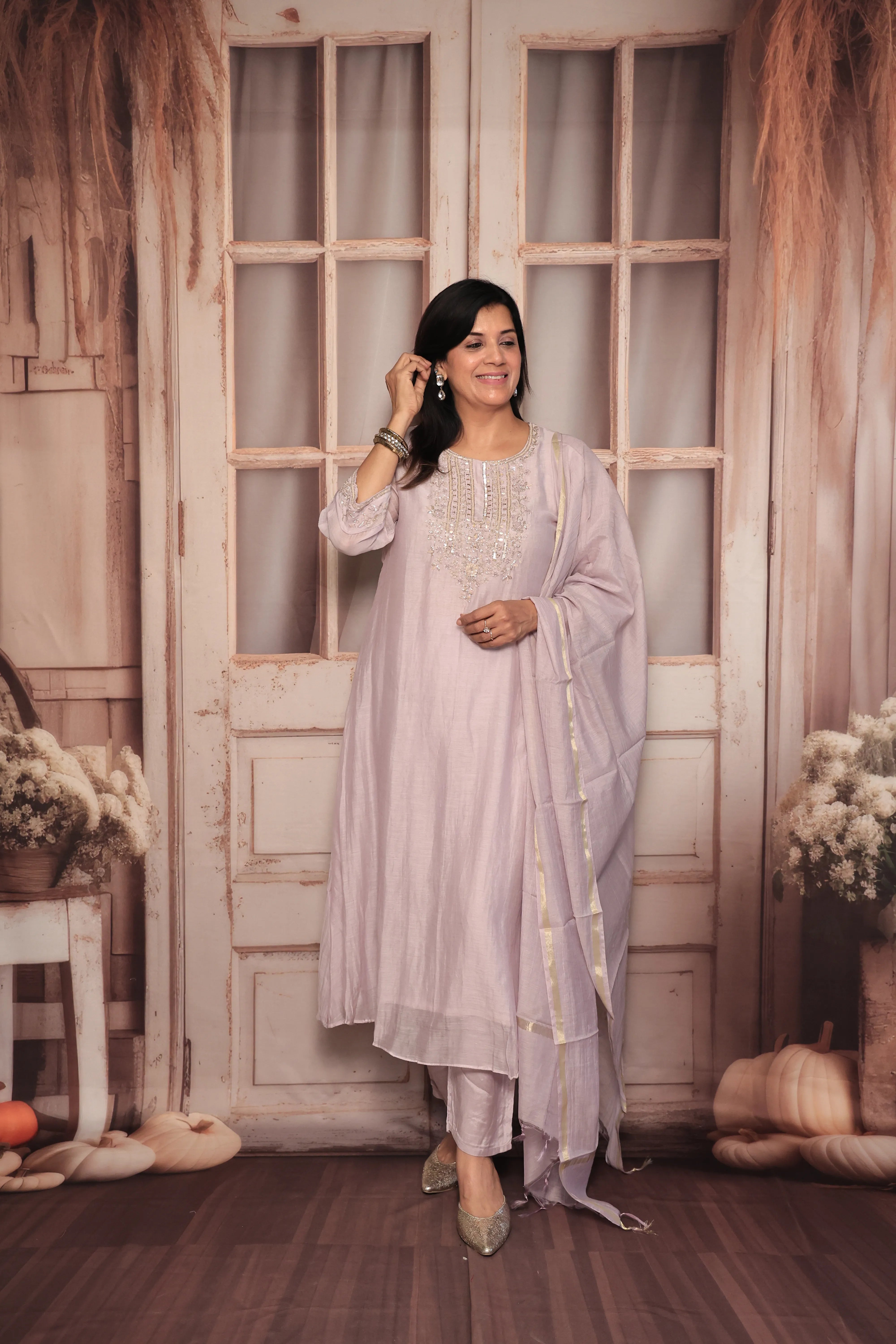 Light Lavender A-Line Yoke Embroidered Kurta Pant Dupatta Set | Hand Work | Pure Banarasi Mul Chanderi