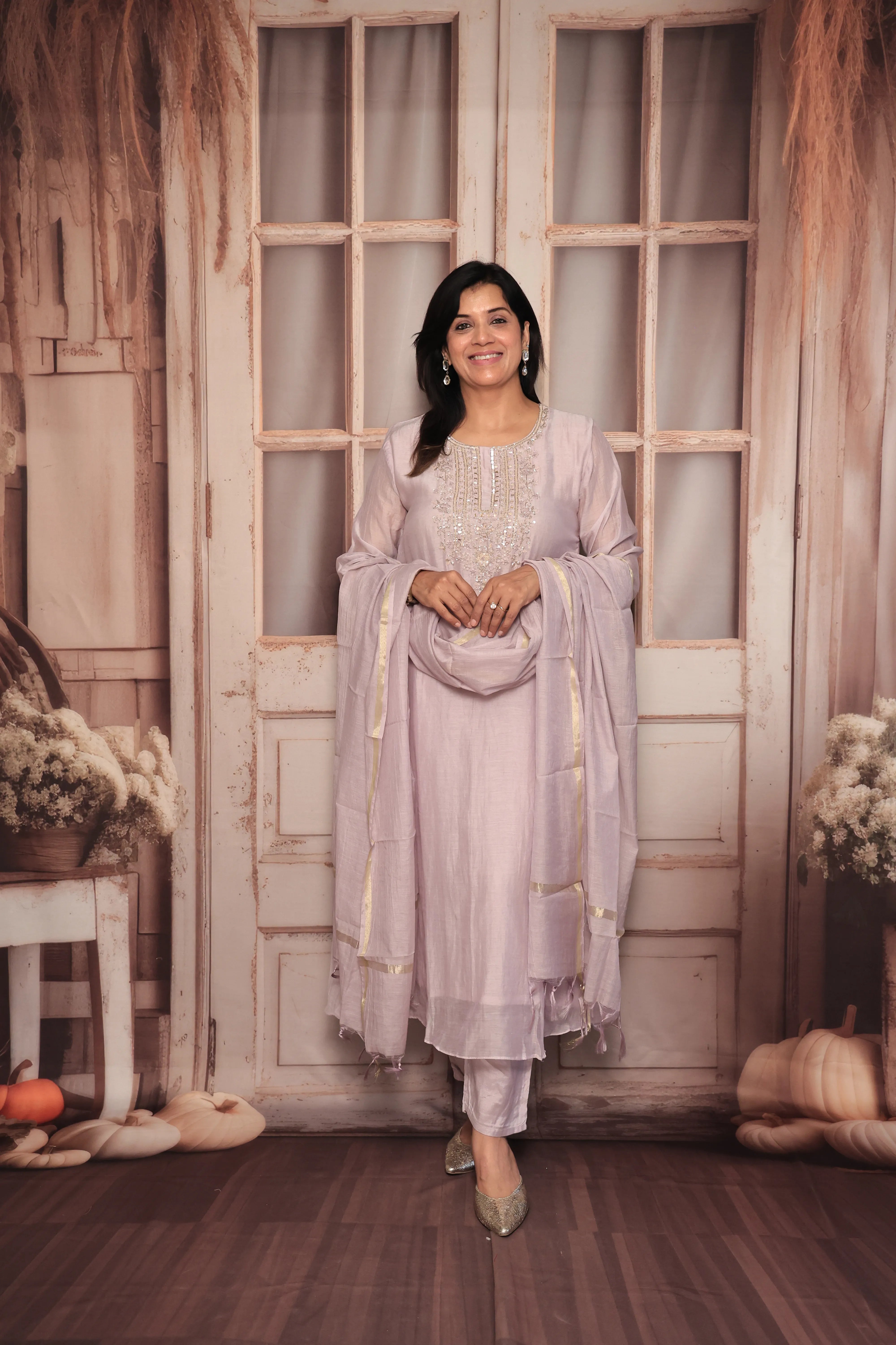 Light Lavender A-Line Yoke Embroidered Kurta Pant Dupatta Set | Hand Work | Pure Banarasi Mul Chanderi